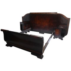 Art Deco Odeon Walnut Large Double Bed with Matching Nightstands, 1940s