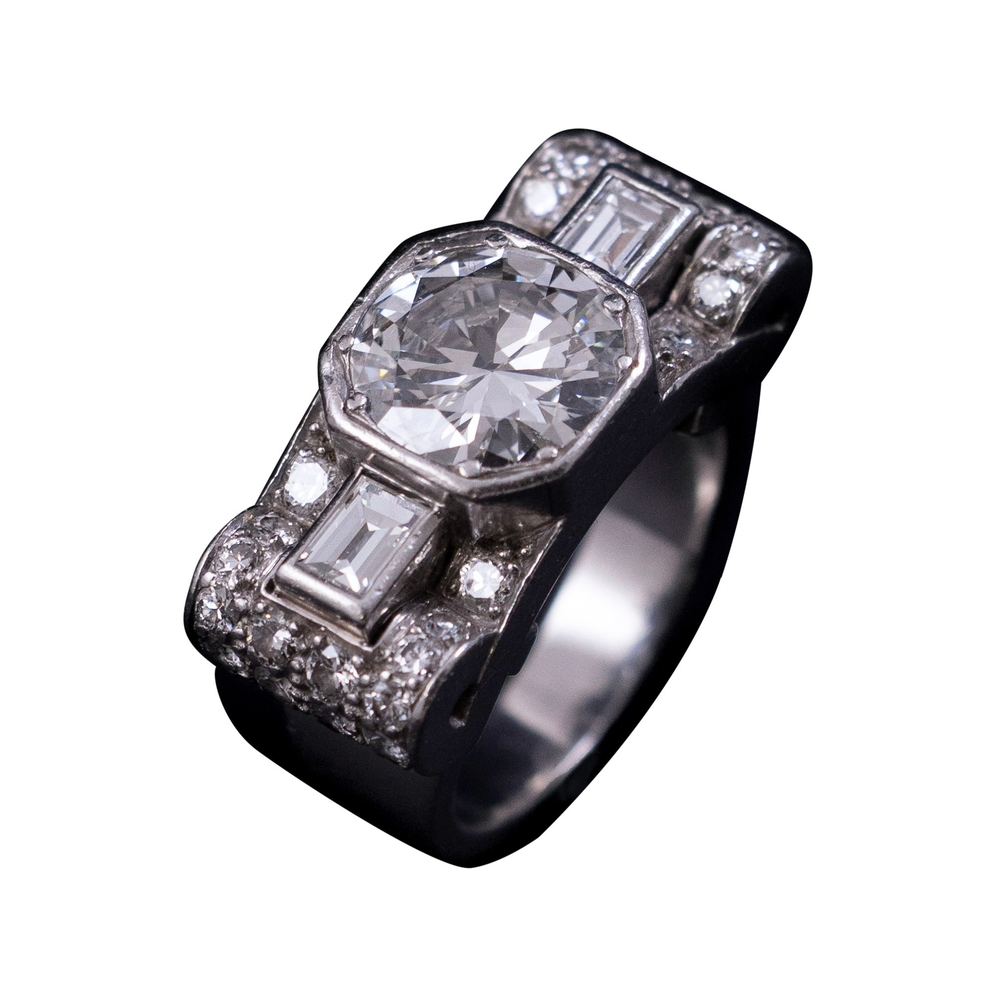 Art Deco Odeonesque Geometric Diamond Platinum 1930s Cocktail Ring For Sale