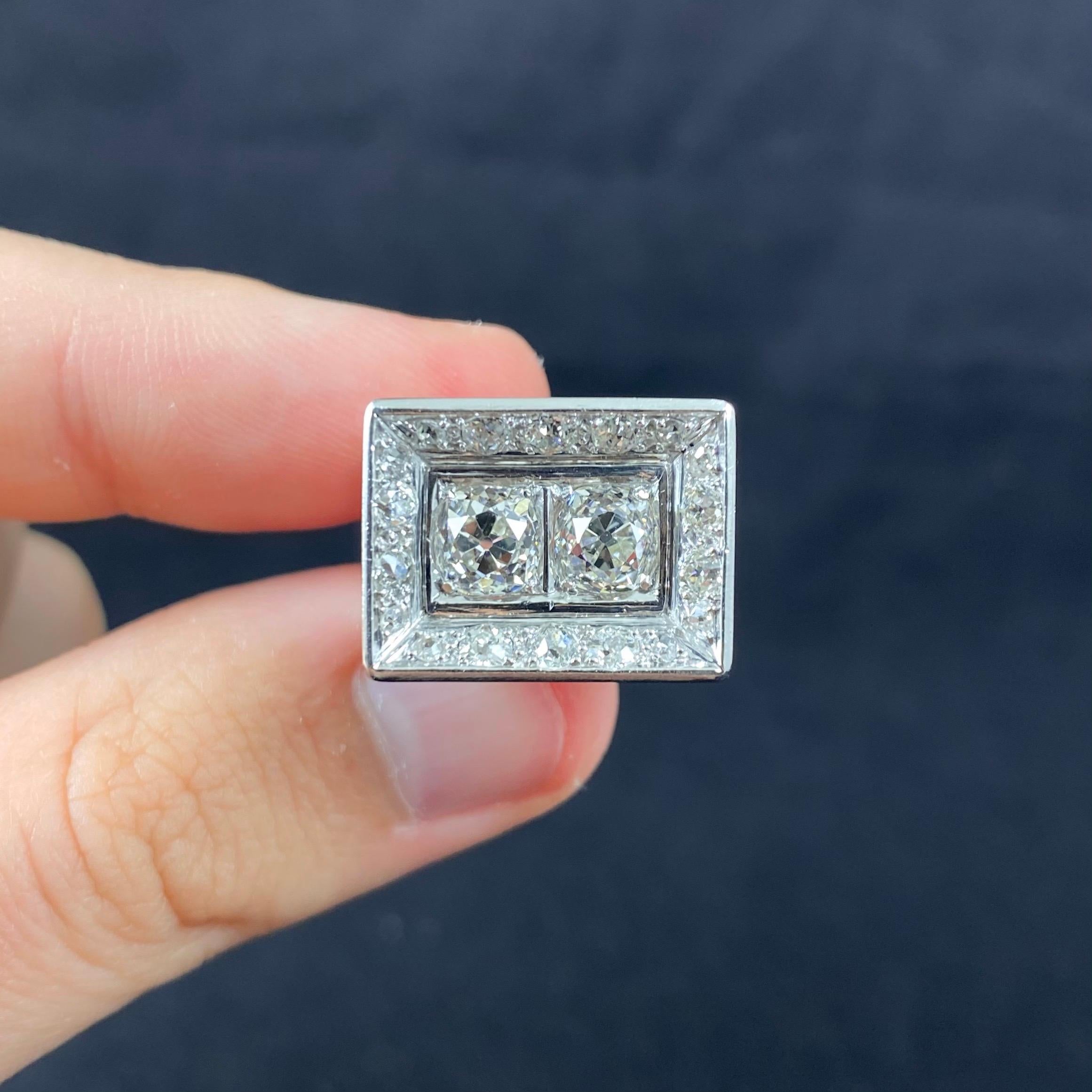 Art Deco Odeonesque Old Mine Cut Diamond Geometric Ring White Gold Signed 1940s For Sale 6