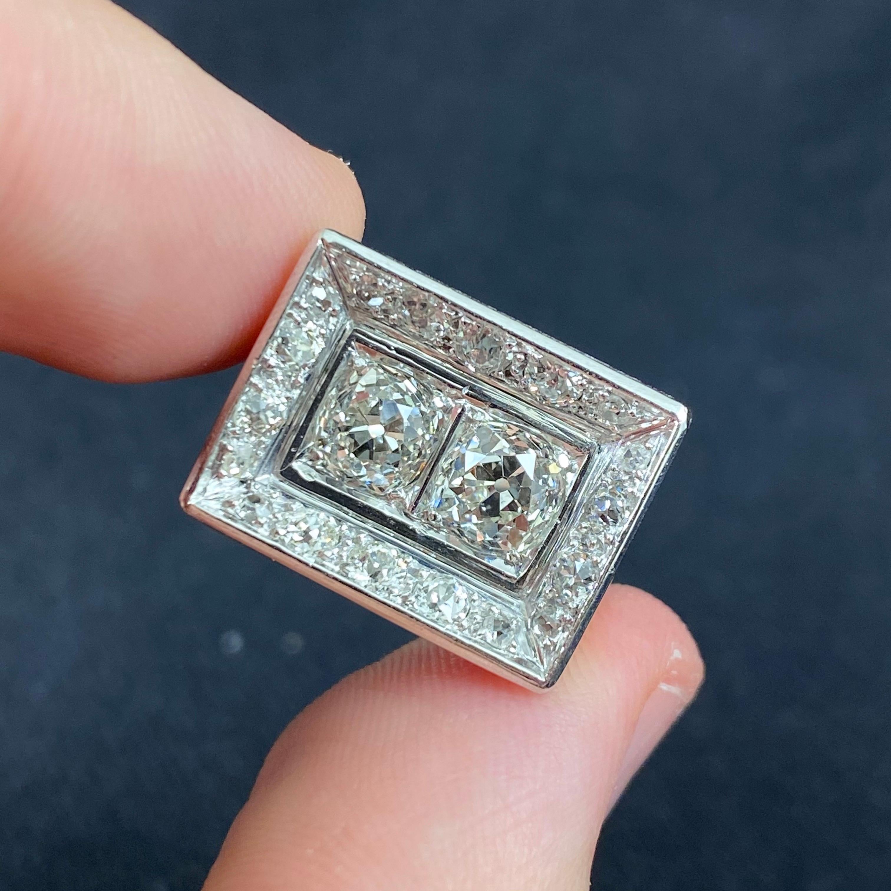 Art Deco Odeonesque Old Mine Cut Diamond Geometric Ring White Gold Signed 1940s For Sale 7