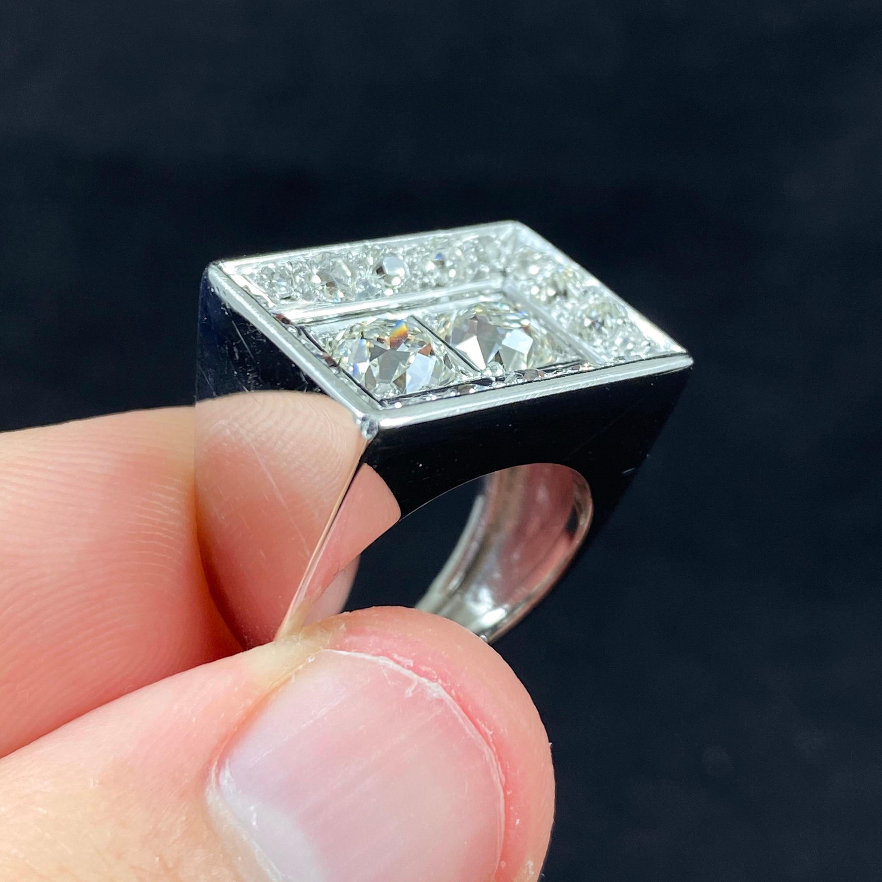 Art Deco Odeonesque Old Mine Cut Diamond Geometric Ring White Gold Signed 1940s For Sale 9