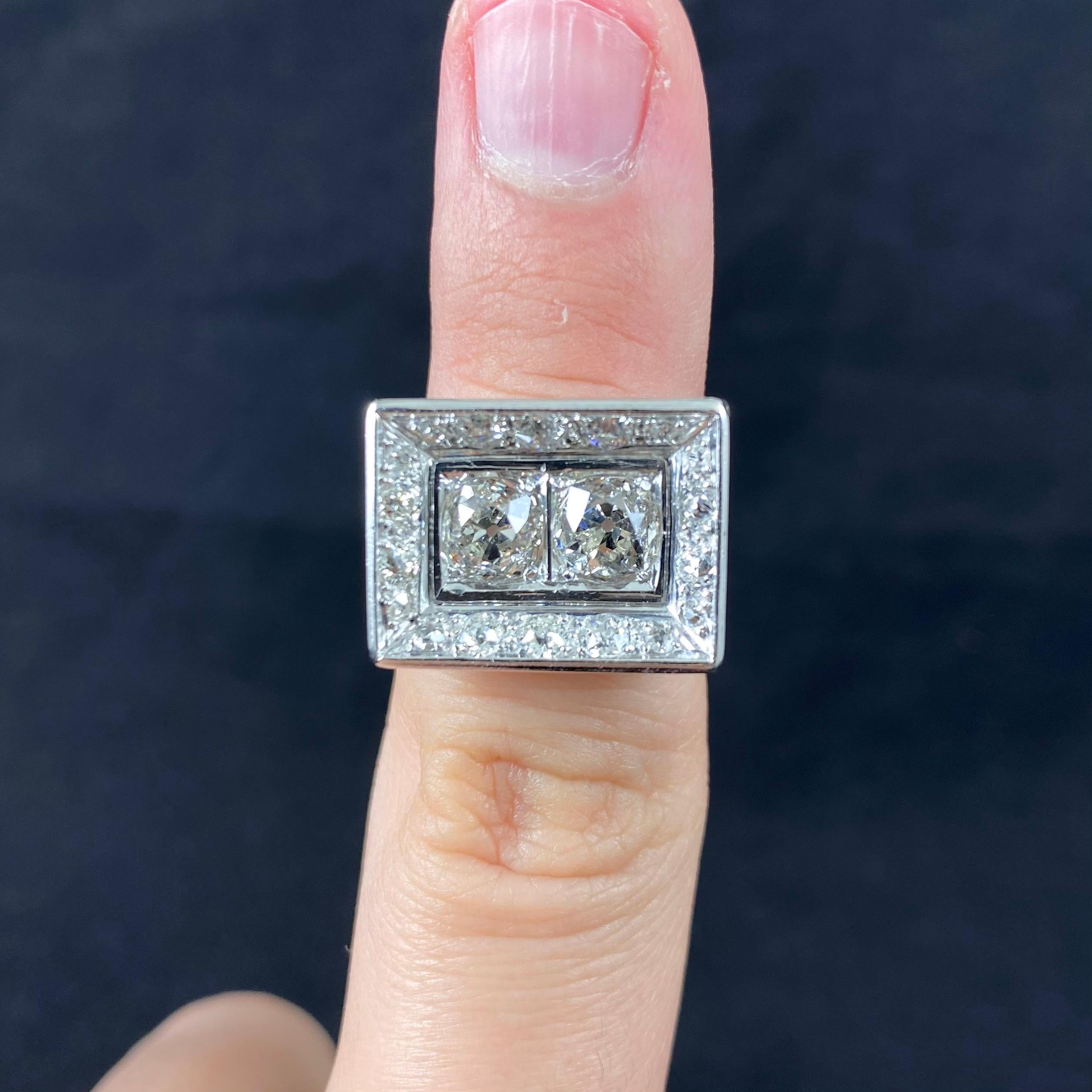 Art Deco Odeonesque Old Mine Cut Diamond Geometric Ring White Gold Signed 1940s For Sale 10