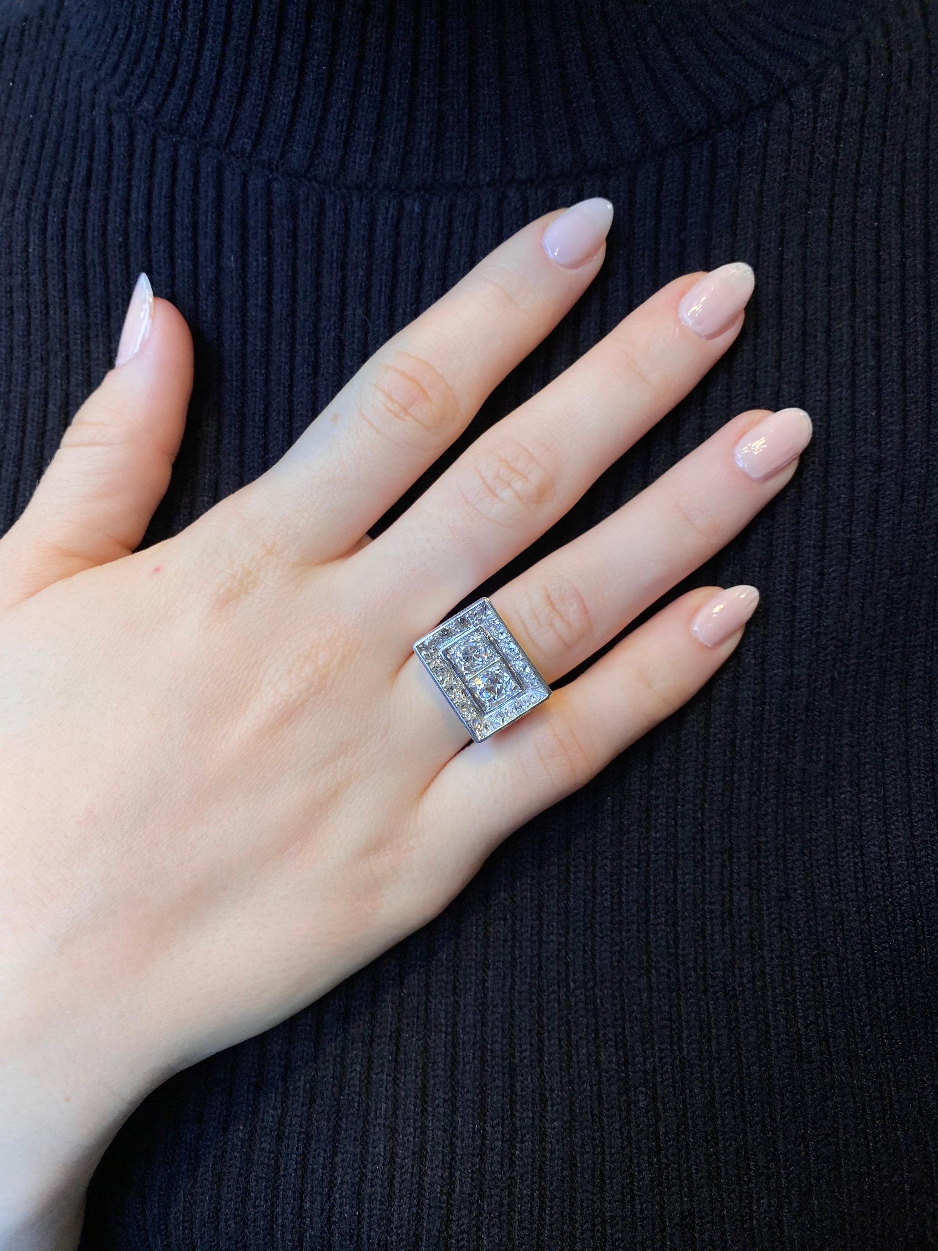 Art Deco Odeonesque Old Mine Cut Diamond Geometric Ring White Gold Signed 1940s For Sale 2
