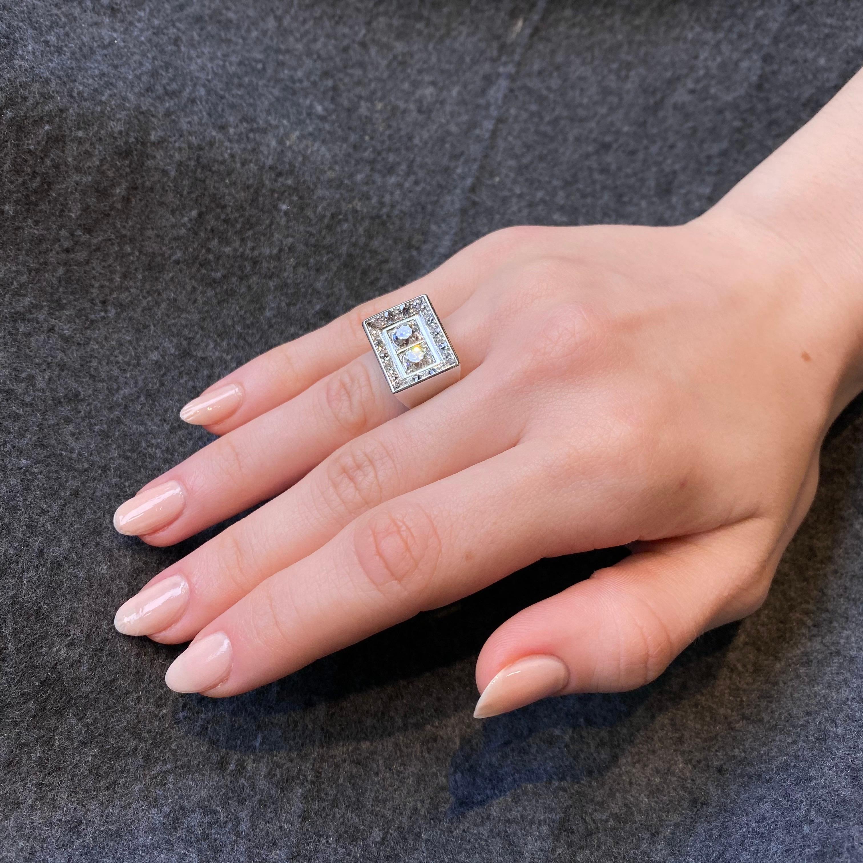 Art Deco Odeonesque Old Mine Cut Diamond Geometric Ring White Gold Signed 1940s For Sale 5