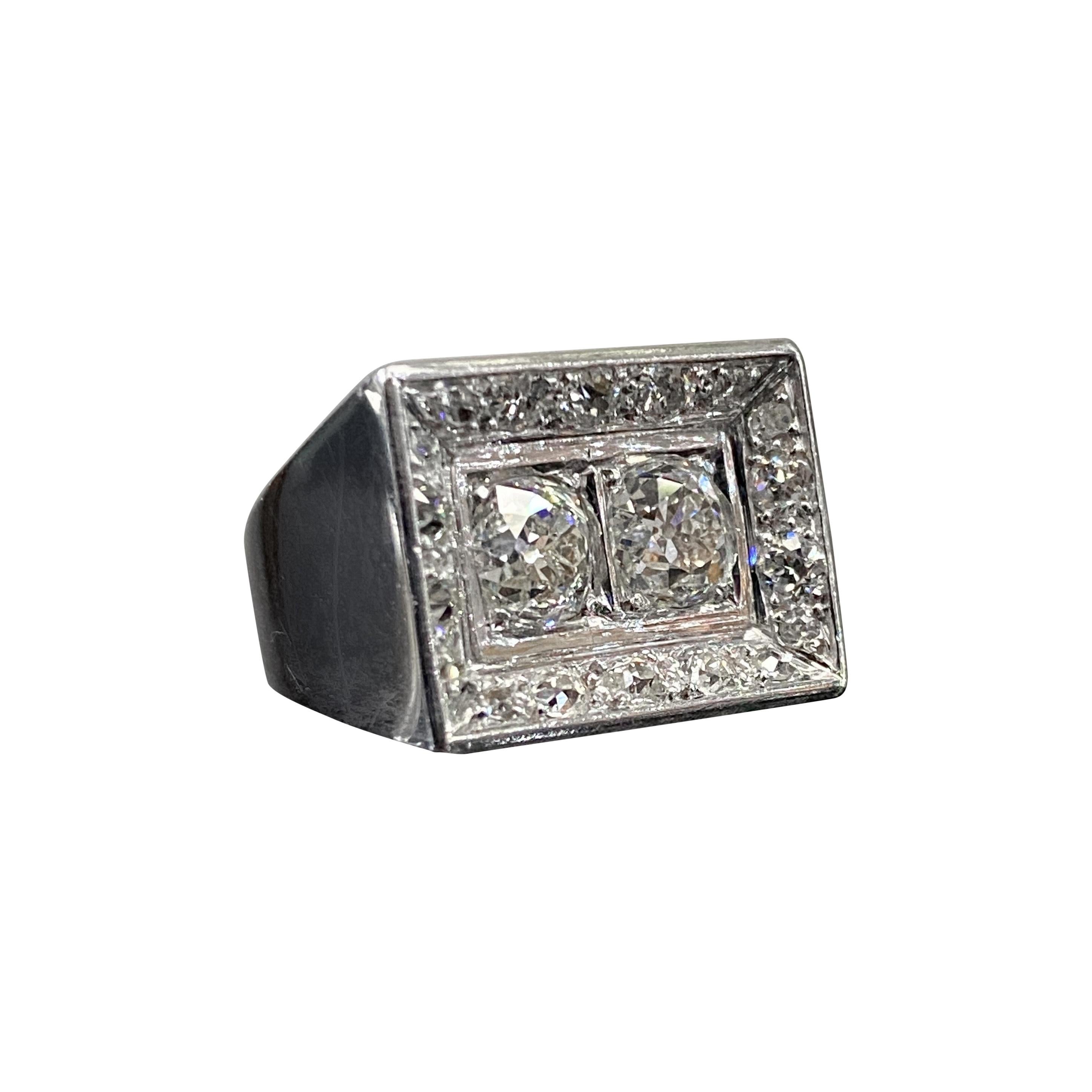 Art Deco Odeonesque Old Mine Cut Diamond Geometric Ring White Gold Signed 1940s For Sale