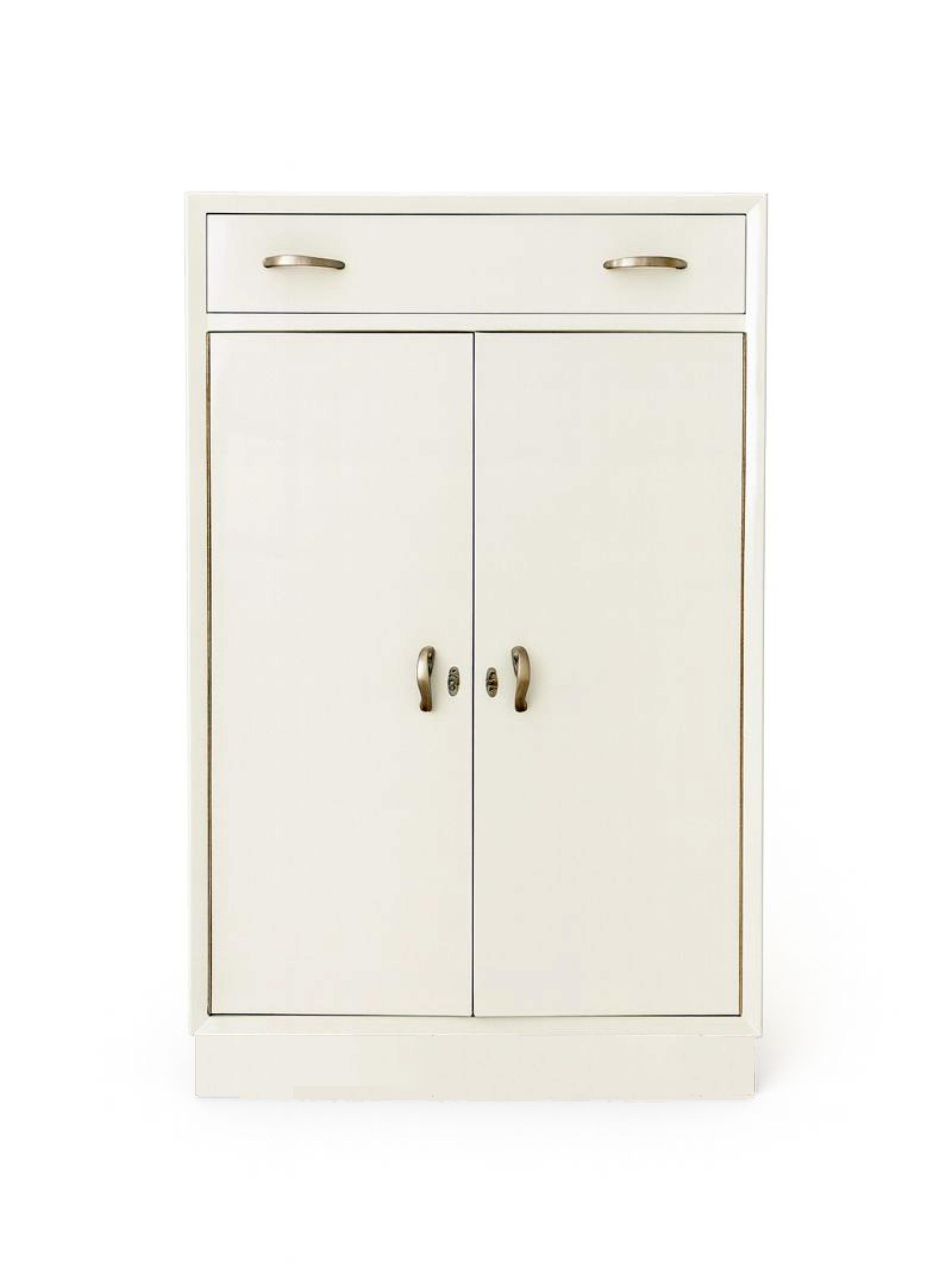 Brass Art Deco Off White Cabinet Cupboard, 1940s For Sale