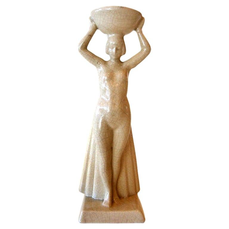 Art Deco Off-White Craquelle Ceramic Sculpture, French