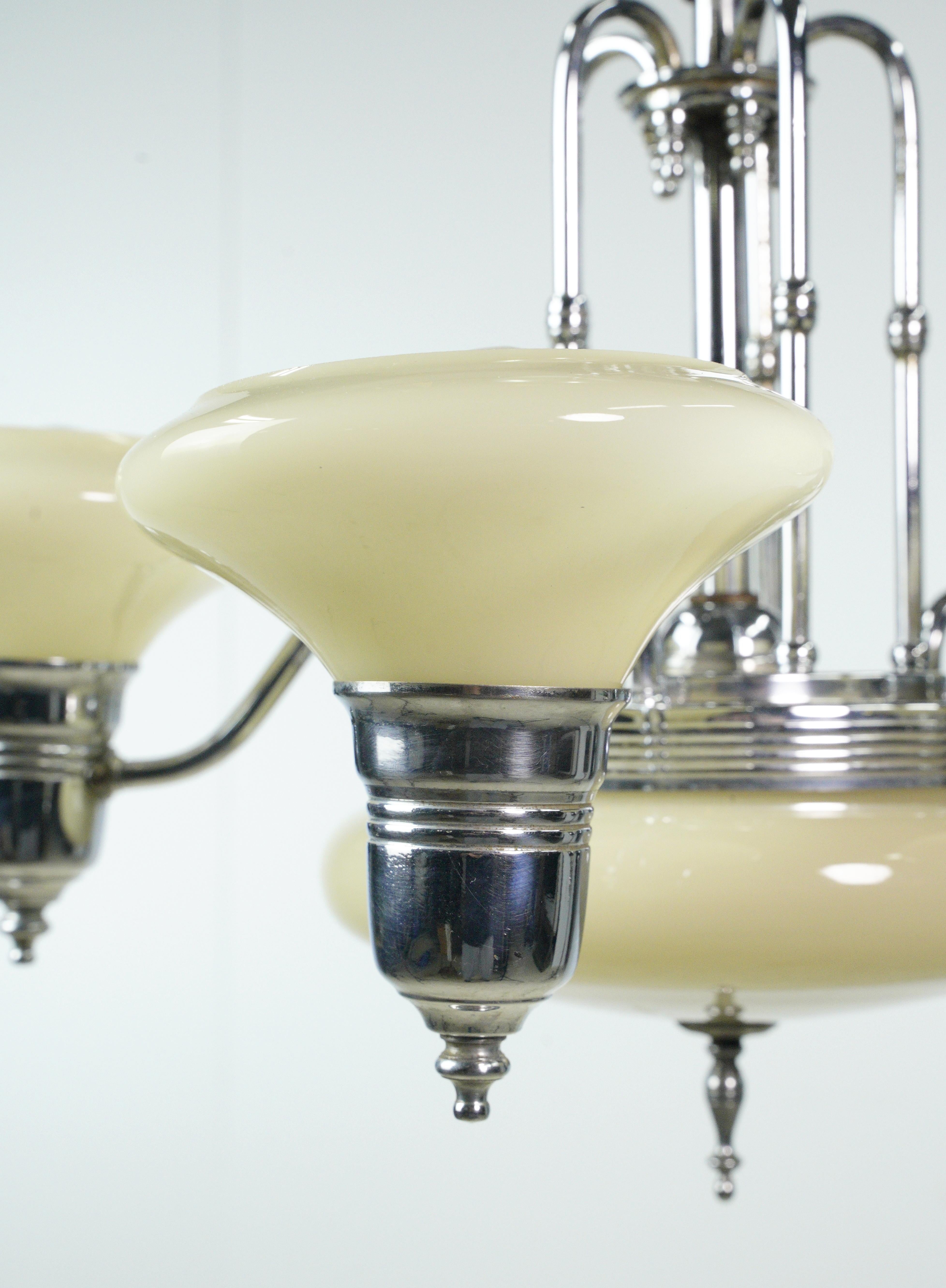 Art Deco Off White Glass Slip Shade Steel Chandelier In Good Condition For Sale In New York, NY