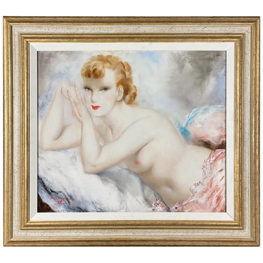 Art Deco Oil on Canvas Painting 'Jeune Femme' by Micao Kono