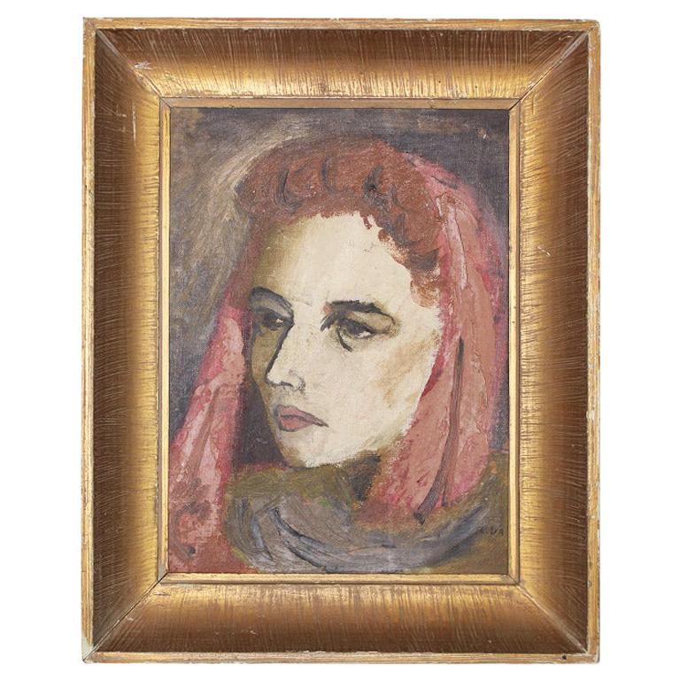 Art Deco Oil on Canvas Portrait Painting of Woman in Gilt Frame Signed Fuller