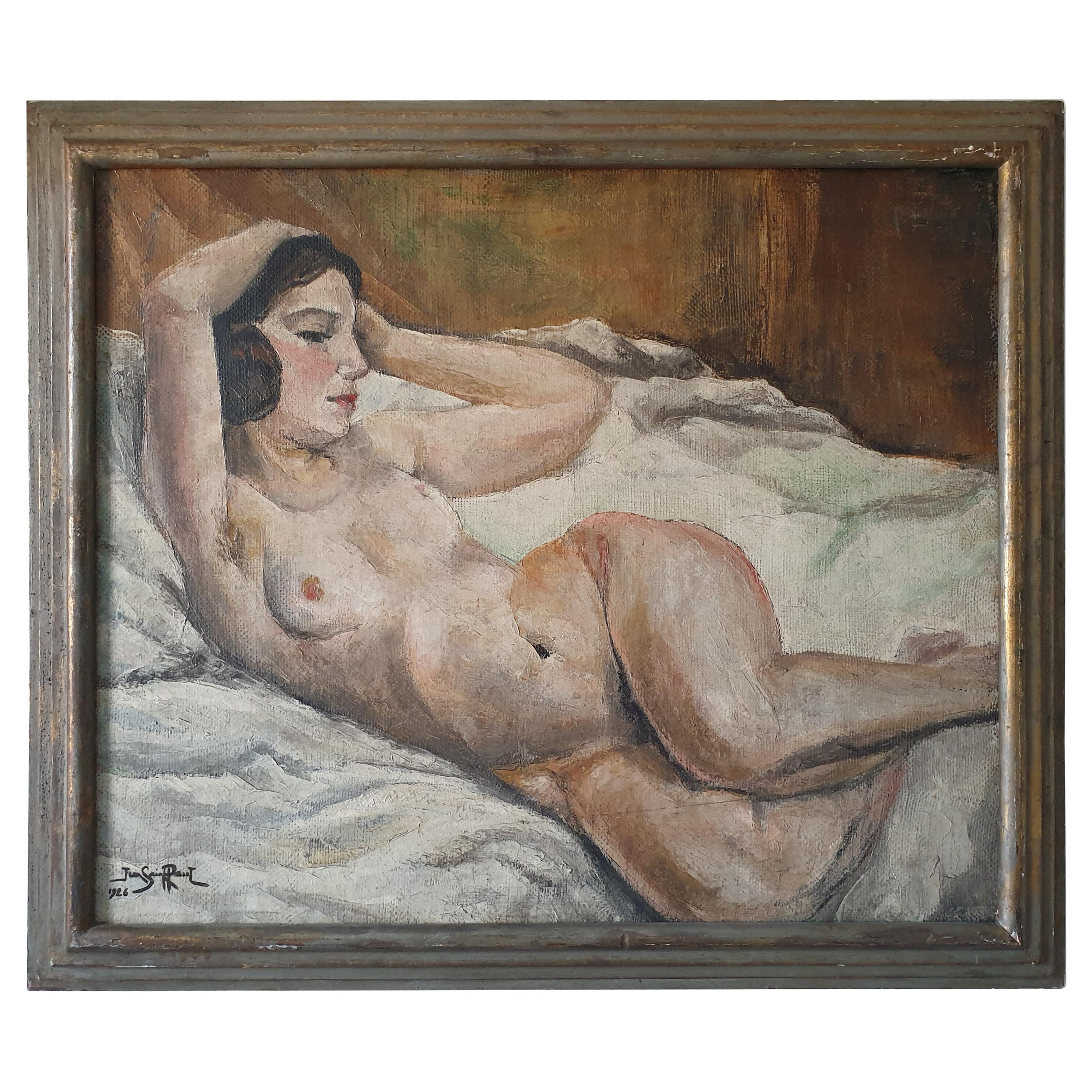 Art Deco Oil on Canvas, Reclining Nude, by Jean Saint Paul '1897-1974'