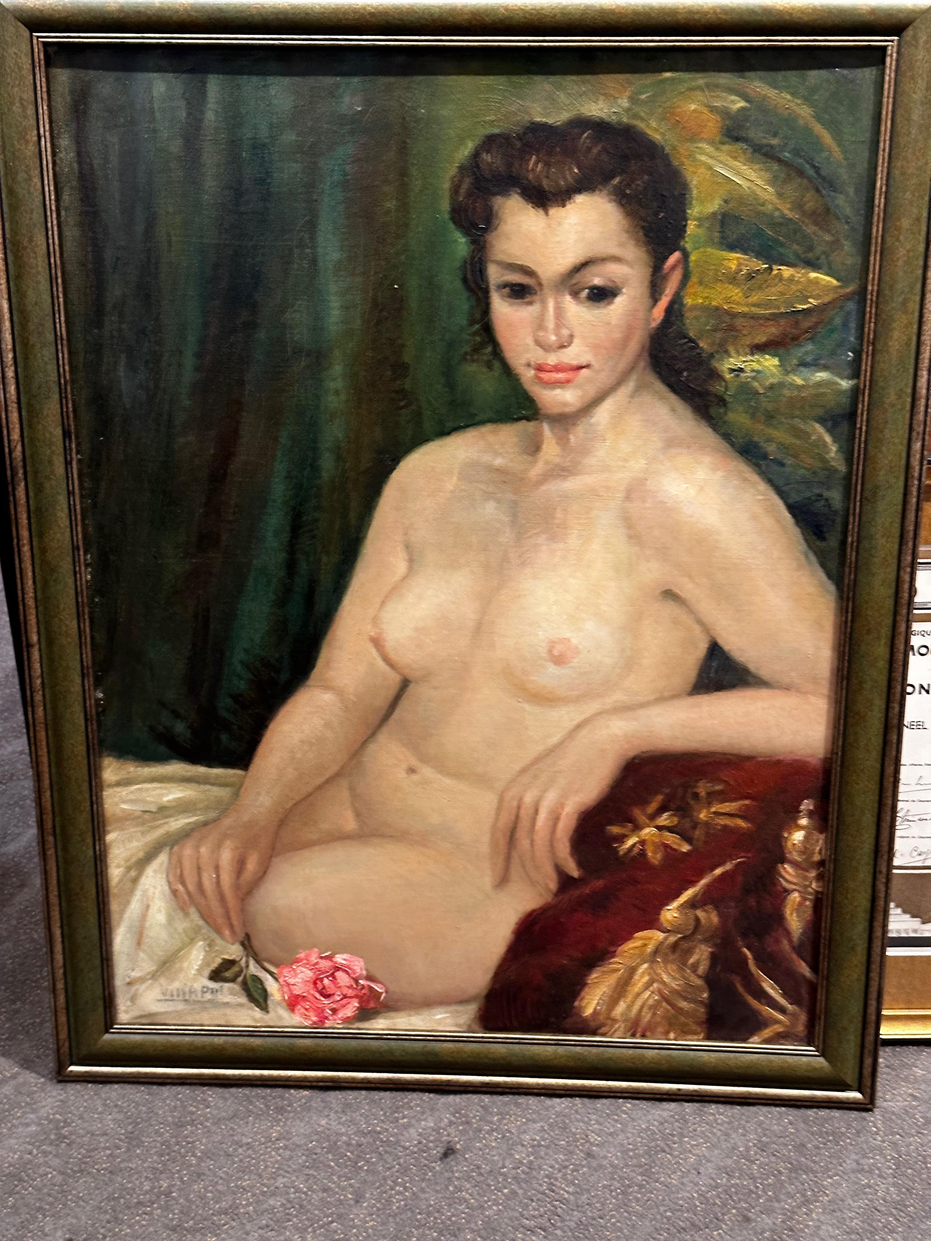 Une peinture à l'huile classique Art déco d'une femme tenant une rose unique qui projette beauté et sérénité.

Un nu allongé est l'essence même de ce qui est pur et naturel, mais aussi désirable et interdit.  Les images de nu sont universelles et