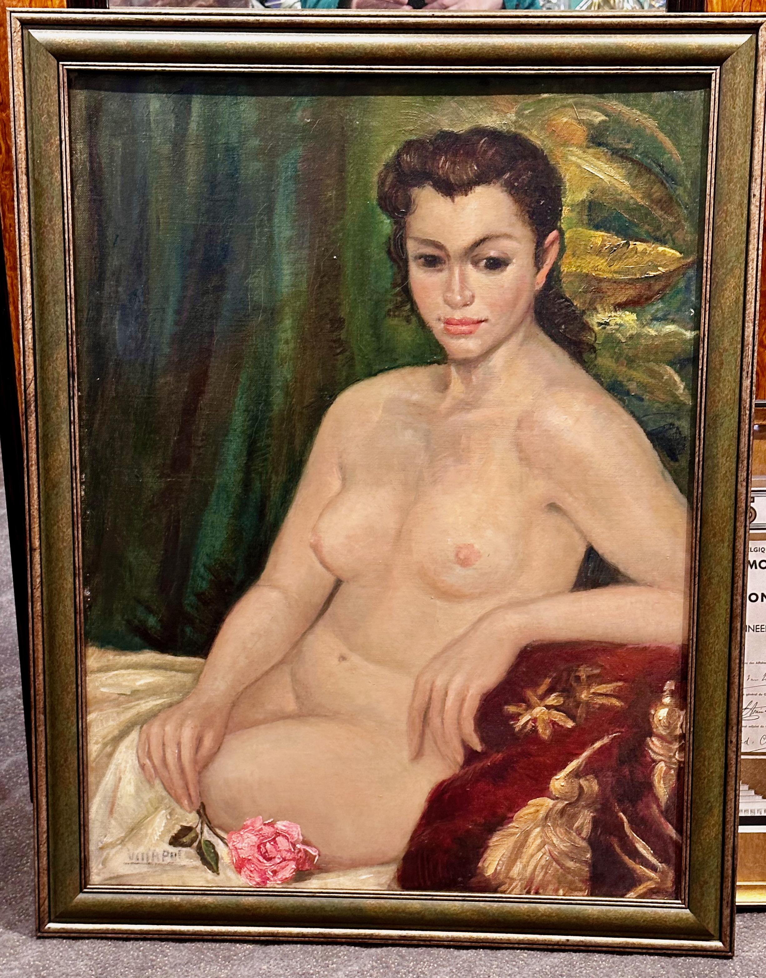 Belgian Art Deco Oil Paining Nude with Rose For Sale