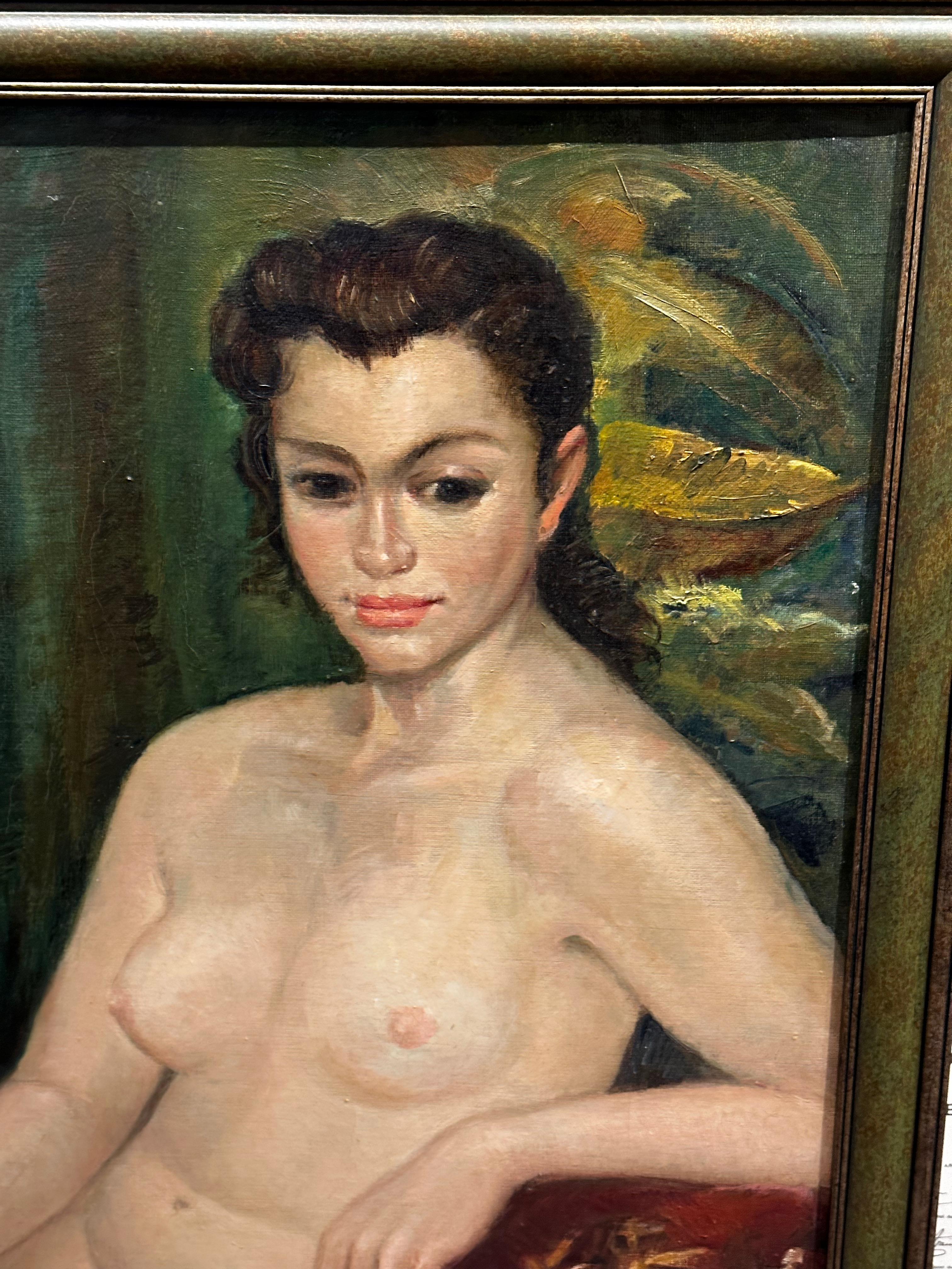 Art Deco Oil Paining Nude with Rose In Good Condition For Sale In Oakland, CA
