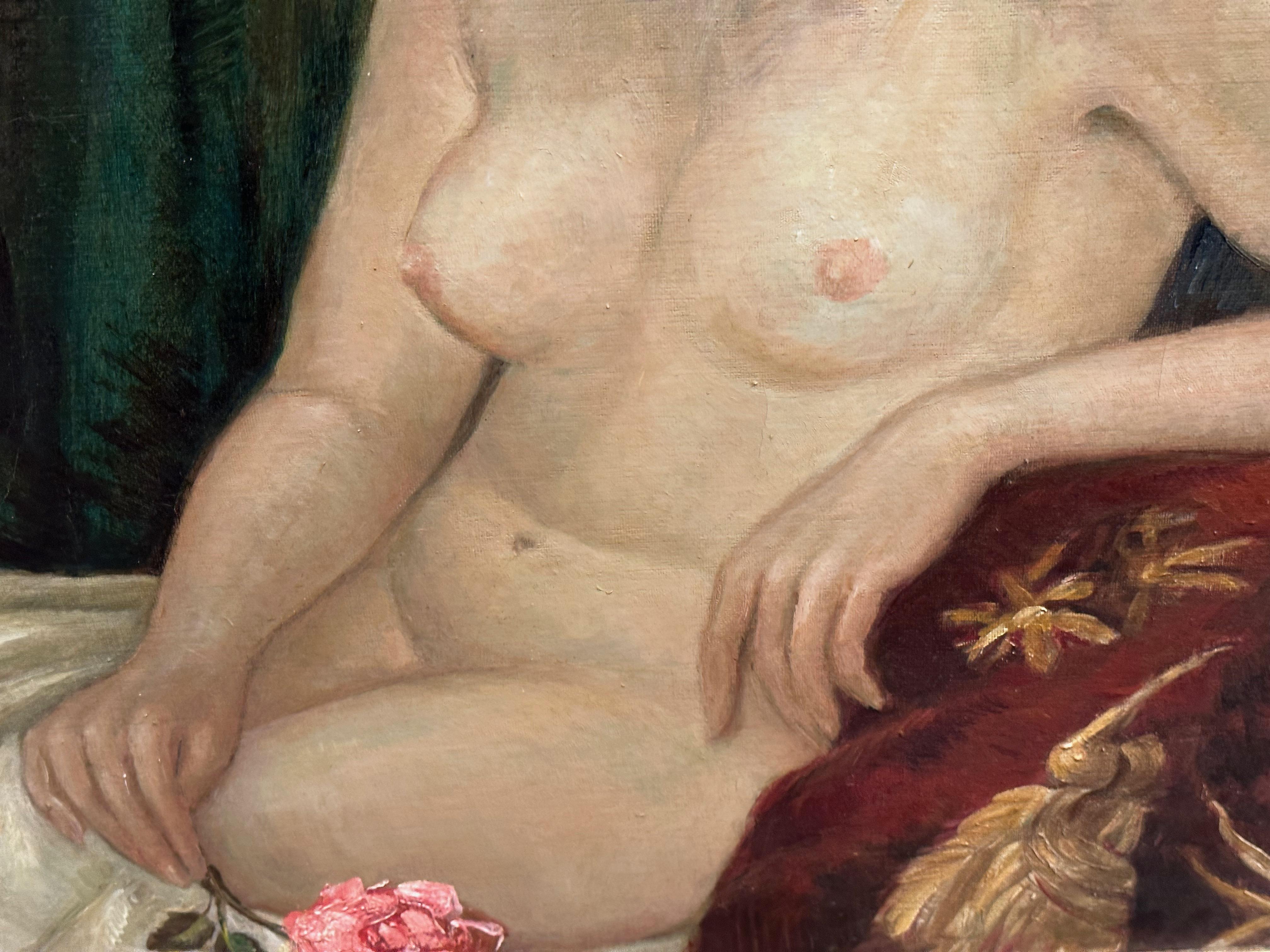 Milieu du XXe siècle Peinture à l'huile Art déco - Nu et rose en vente