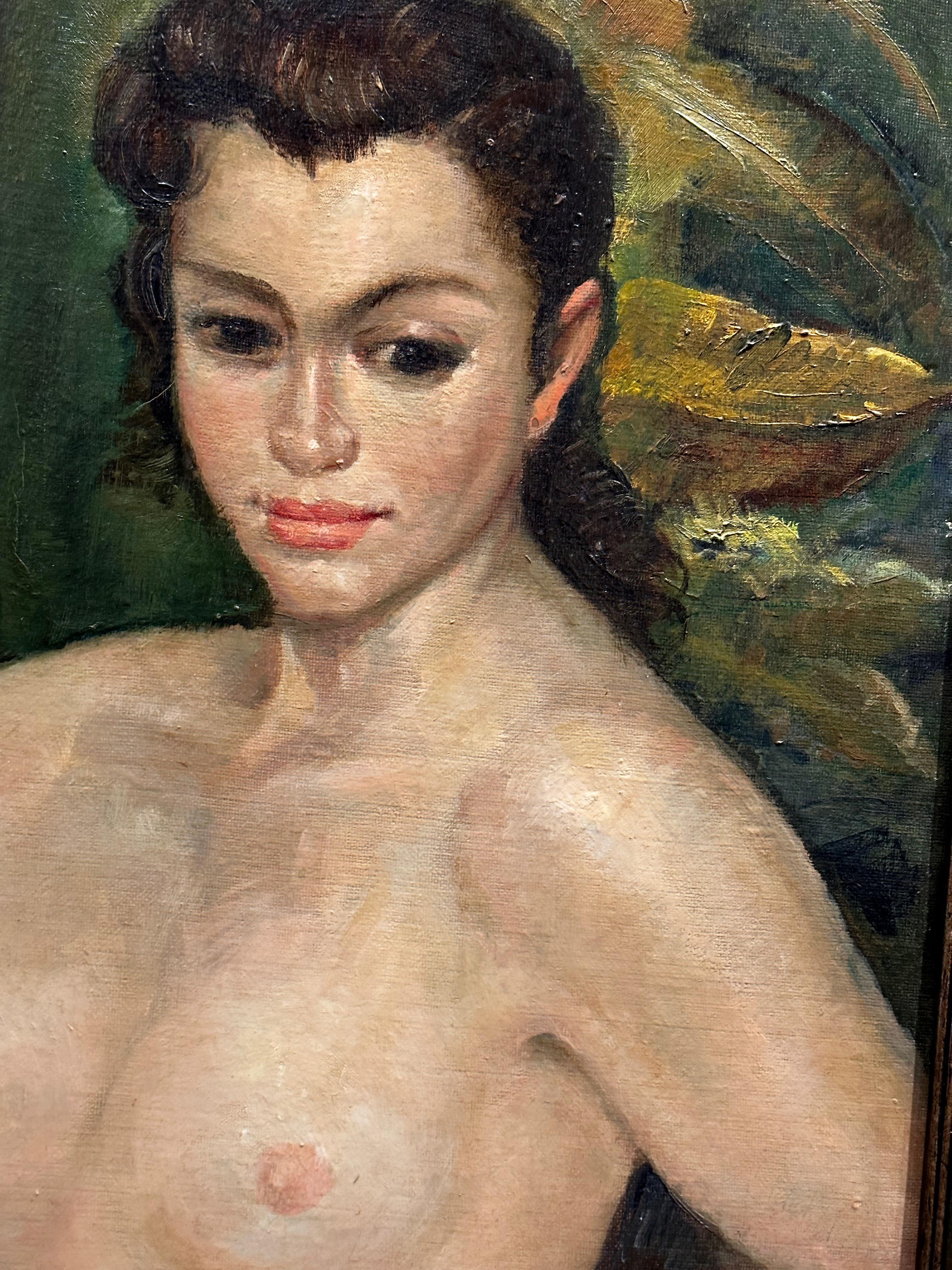 Canvas Art Deco Oil Paining Nude with Rose For Sale
