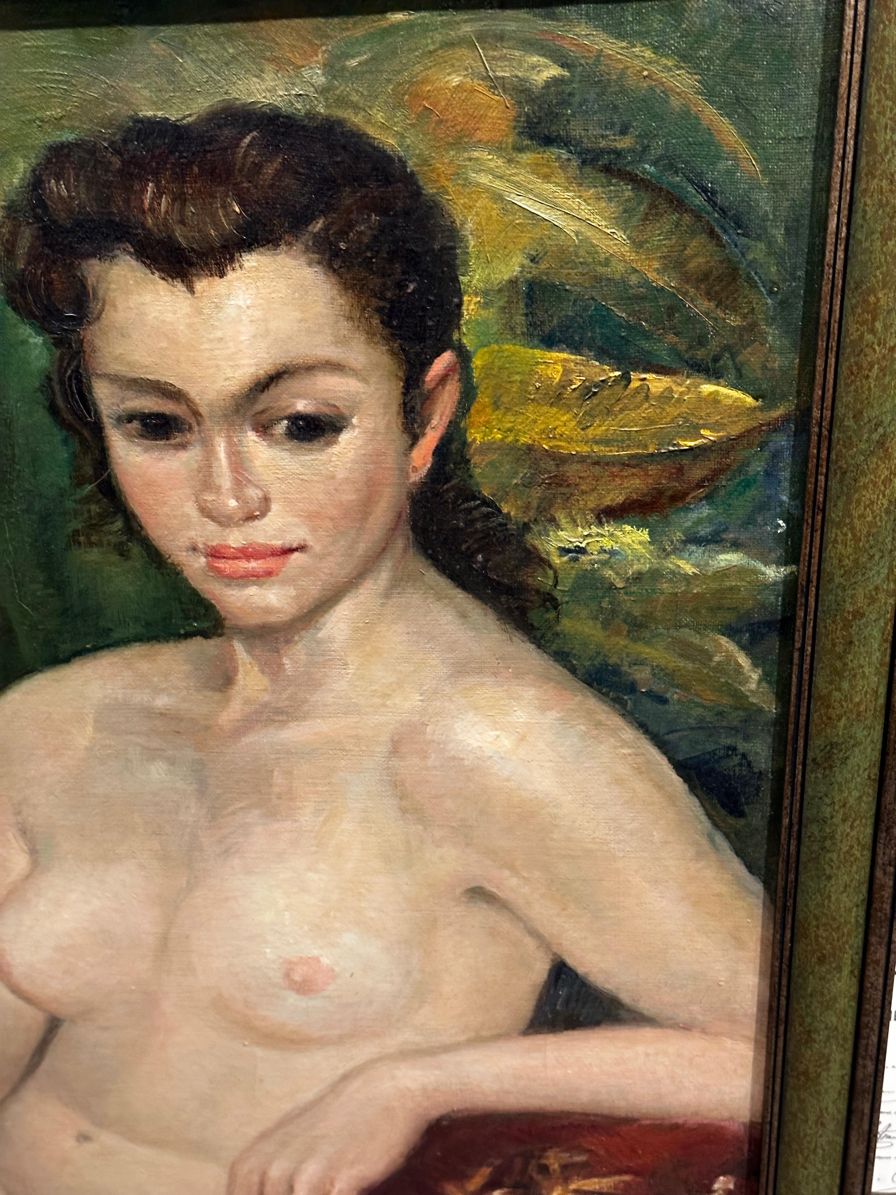 Art Deco Oil Paining Nude with Rose For Sale 1