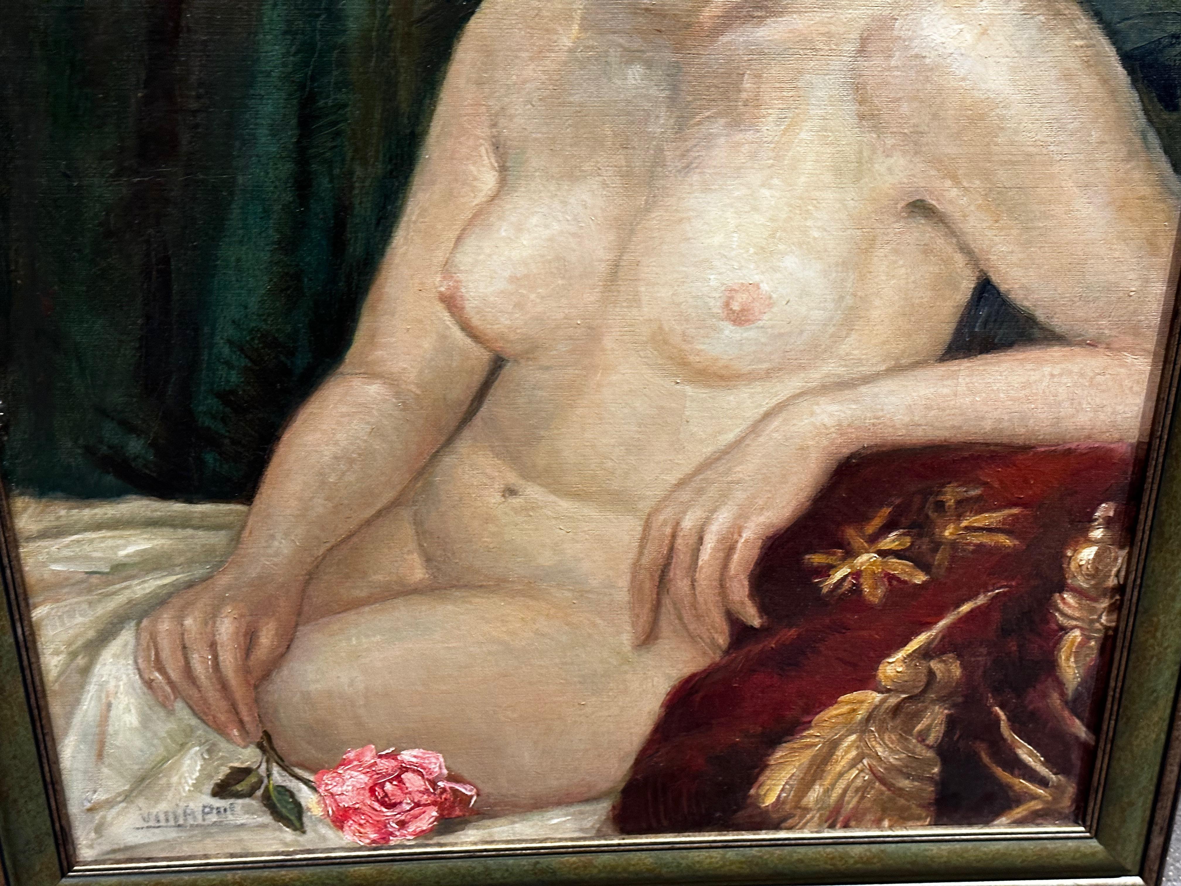 Art Deco Ölfarbener Nude mit Rose, Ölgemälde im Angebot 1