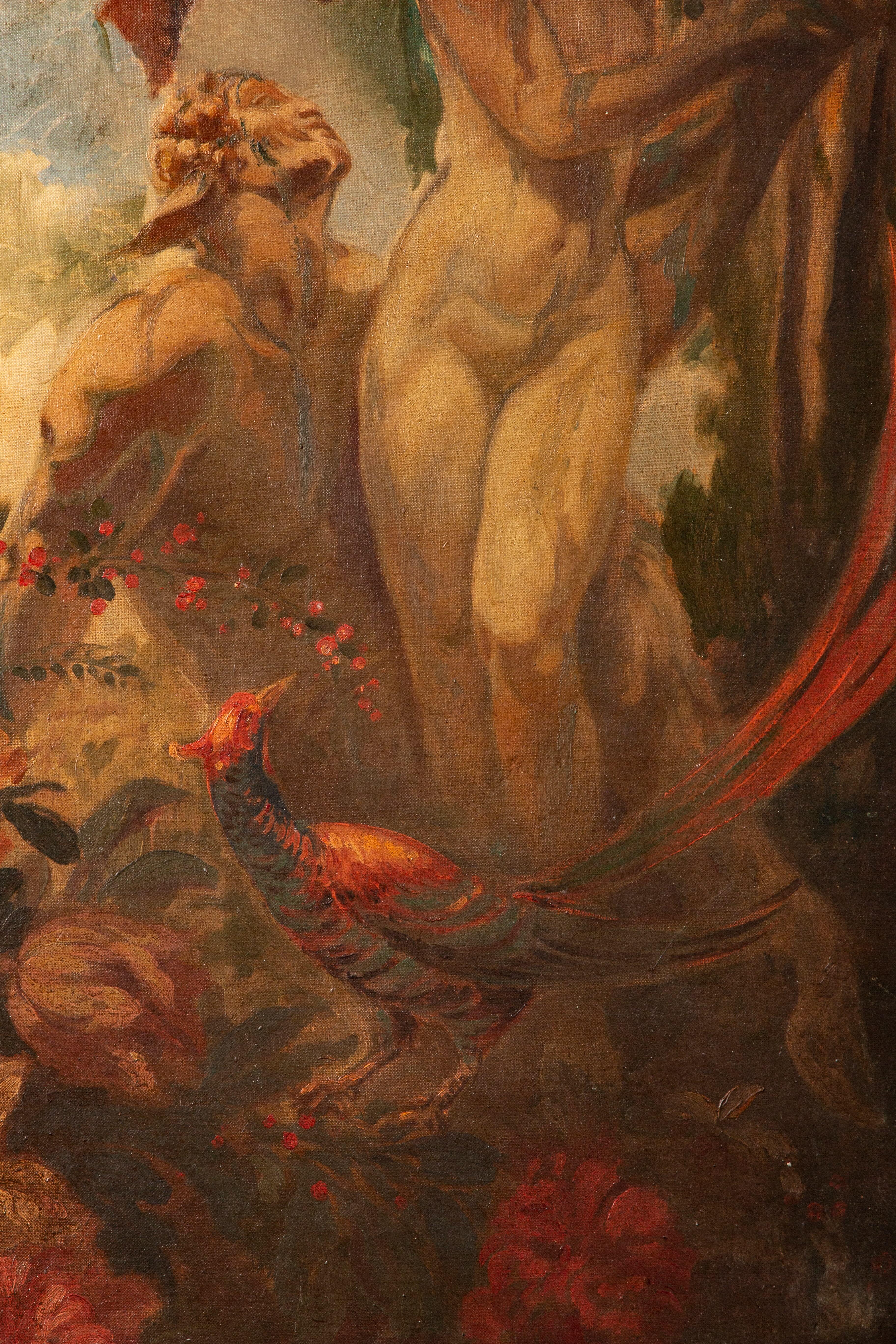 French Art Deco Oil Painting Birds & Figures in Stylized Landscape For Sale