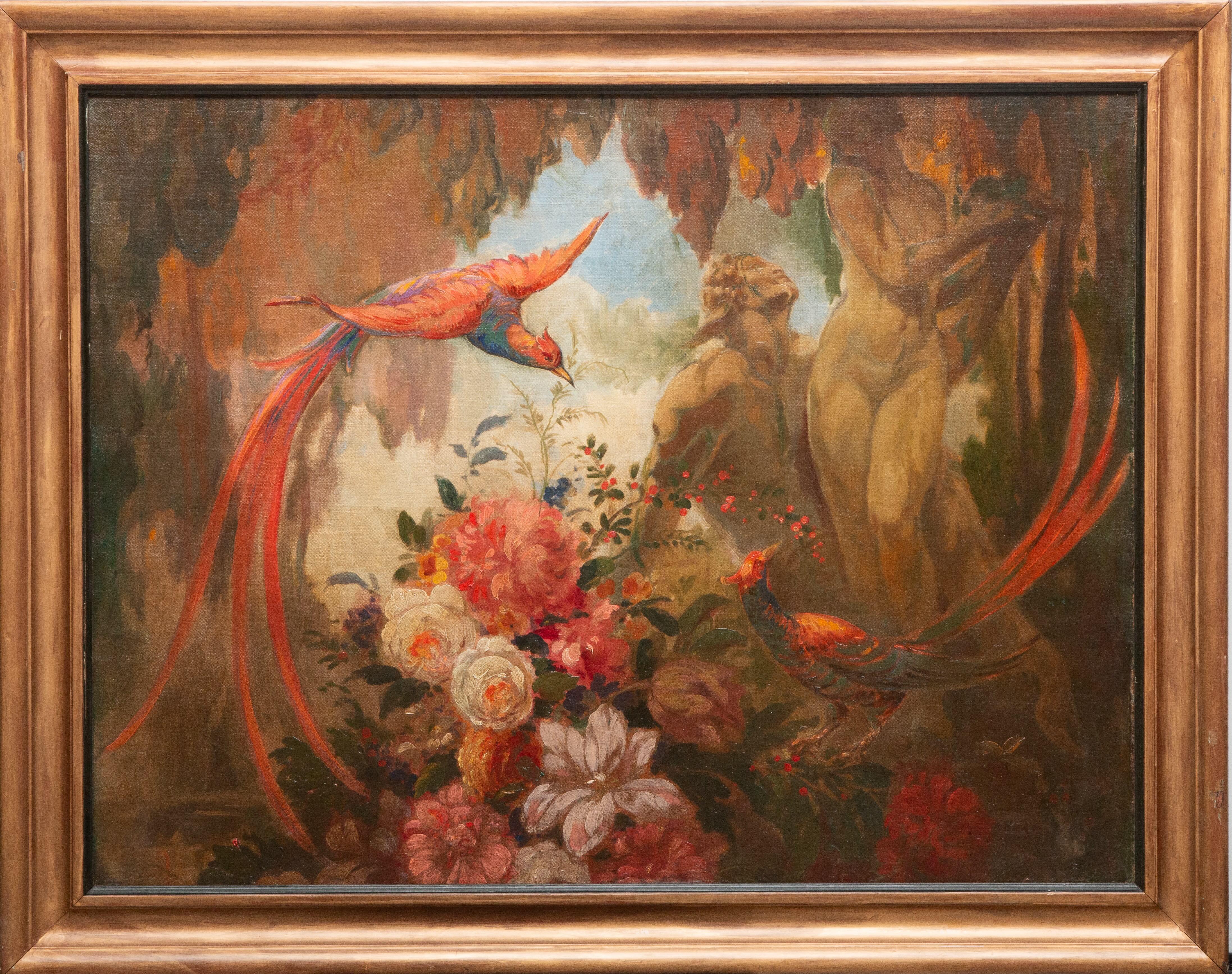 Hand-Painted Art Deco Oil Painting Birds & Figures in Stylized Landscape For Sale