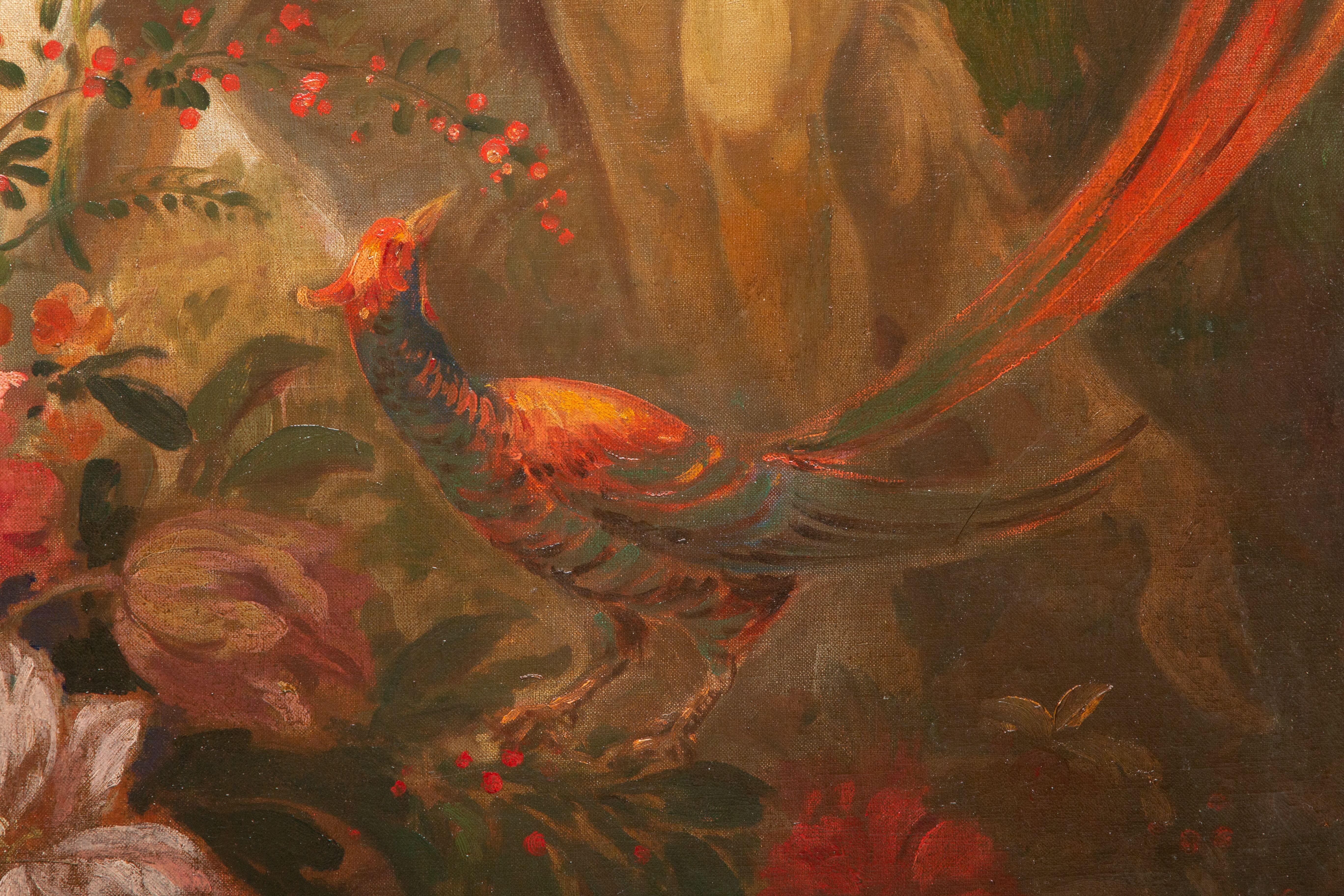 Art Deco Oil Painting Birds & Figures in Stylized Landscape In Good Condition For Sale In Kingston, NY