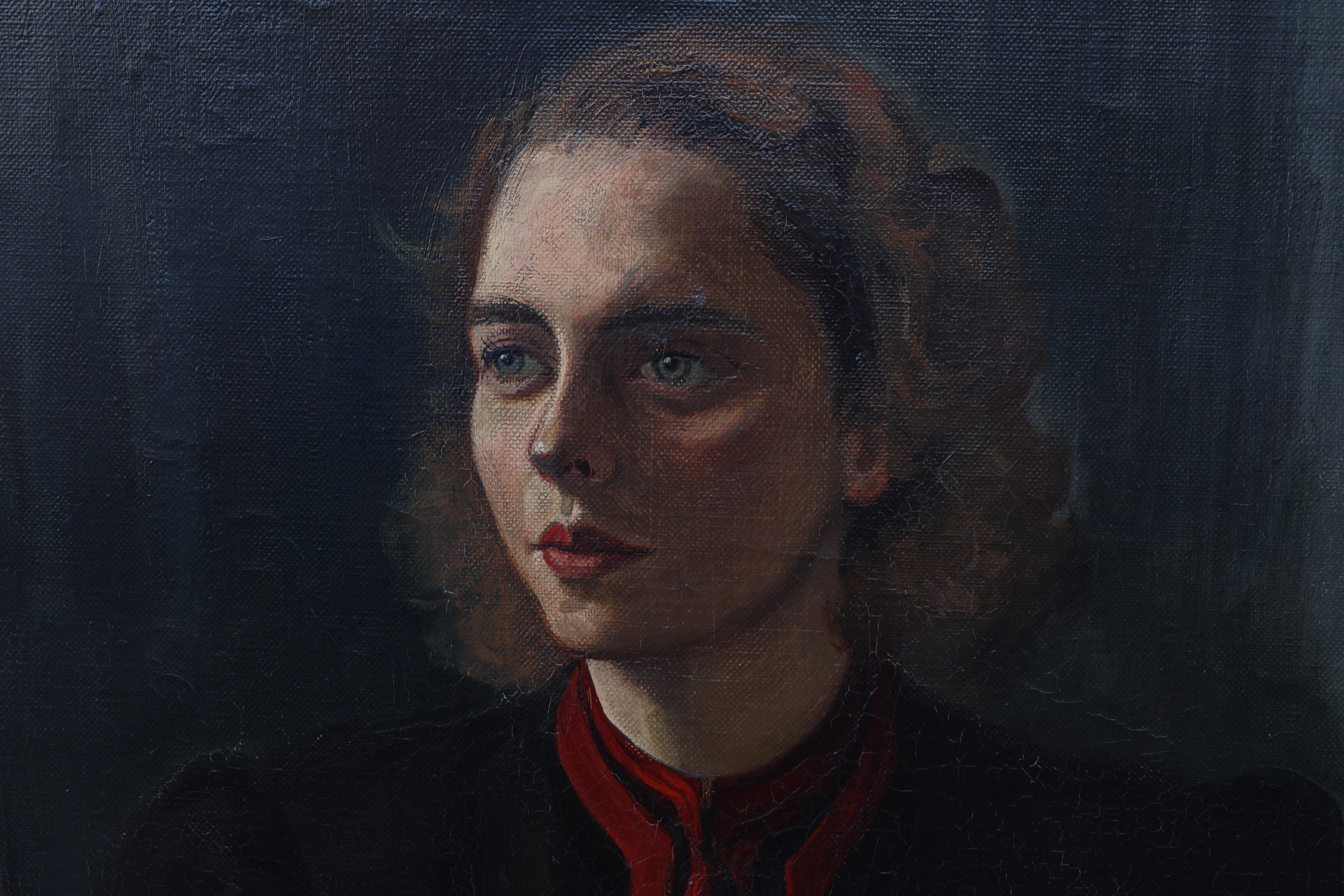Toile Peinture à l'huile Art déco, Portrait d'une jeune femme par Anton Leidl, Munich 1939. en vente