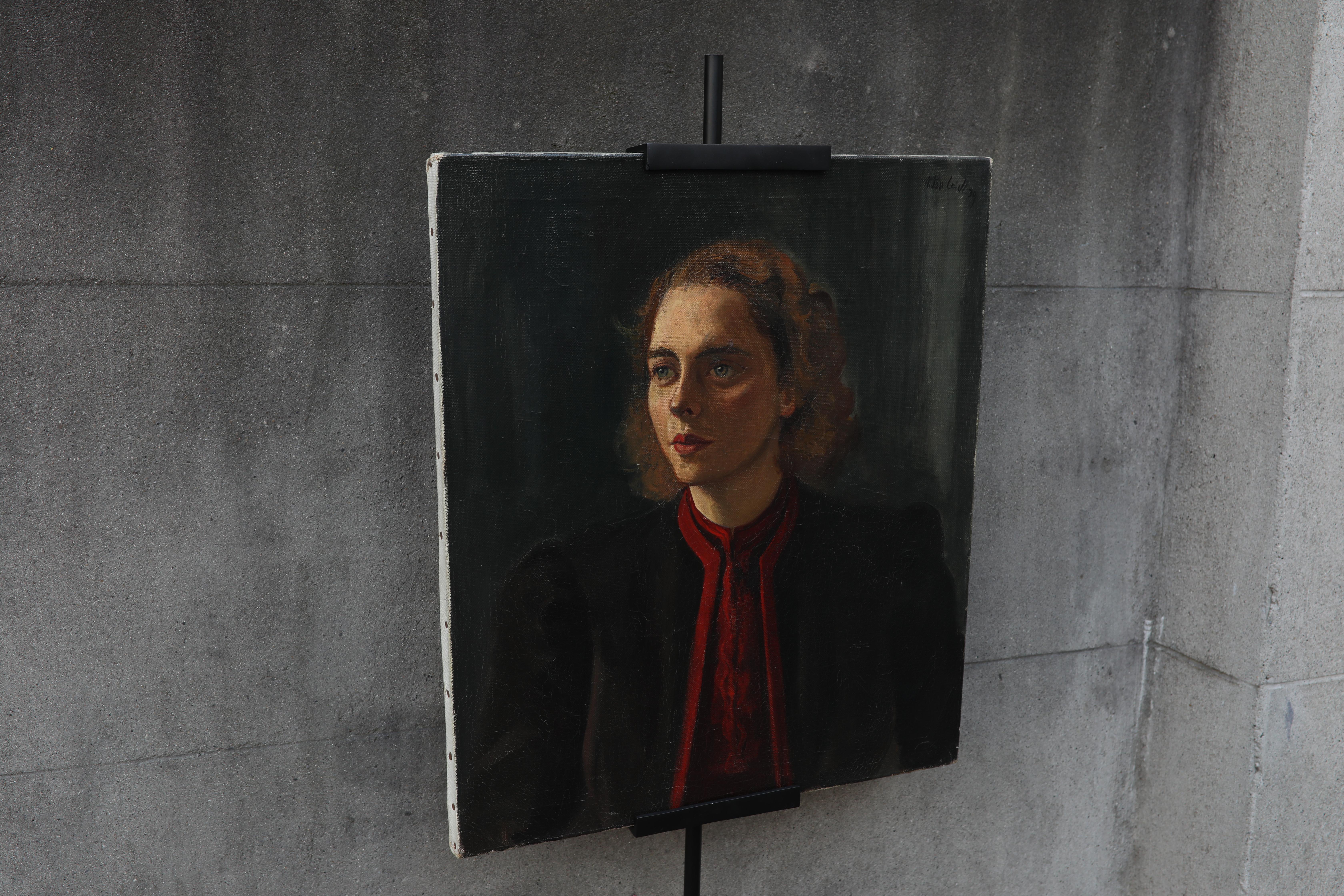 Peinture à l'huile Art déco, Portrait d'une jeune femme par Anton Leidl, Munich 1939. en vente 1
