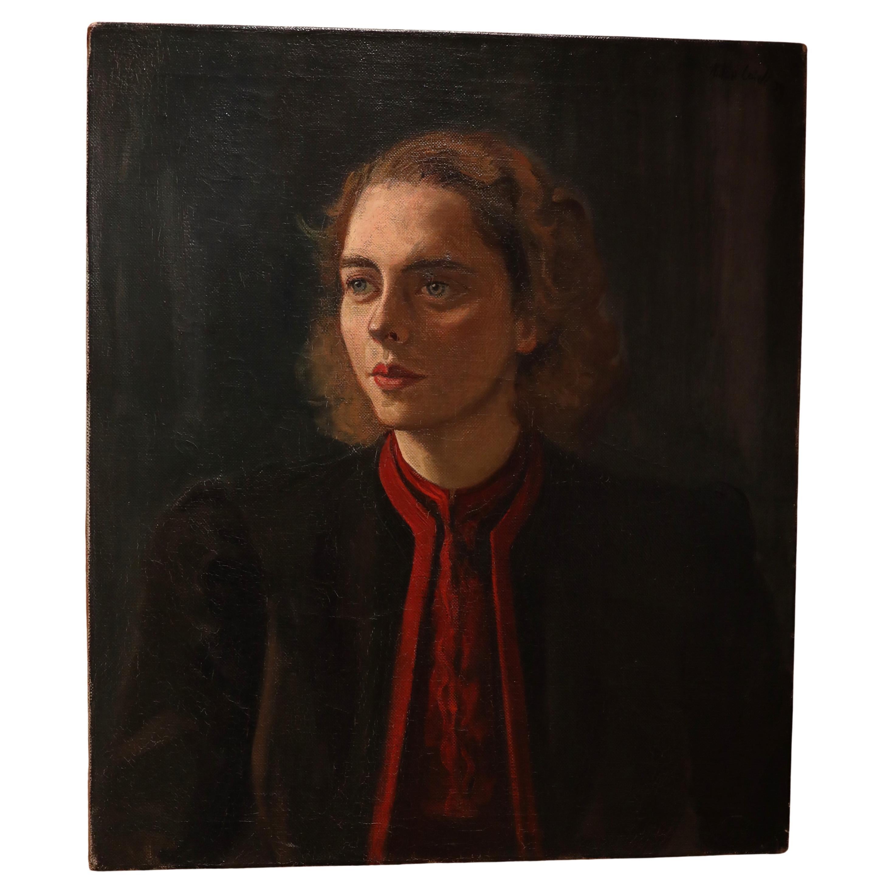 Peinture à l'huile Art déco, Portrait d'une jeune femme par Anton Leidl, Munich 1939.