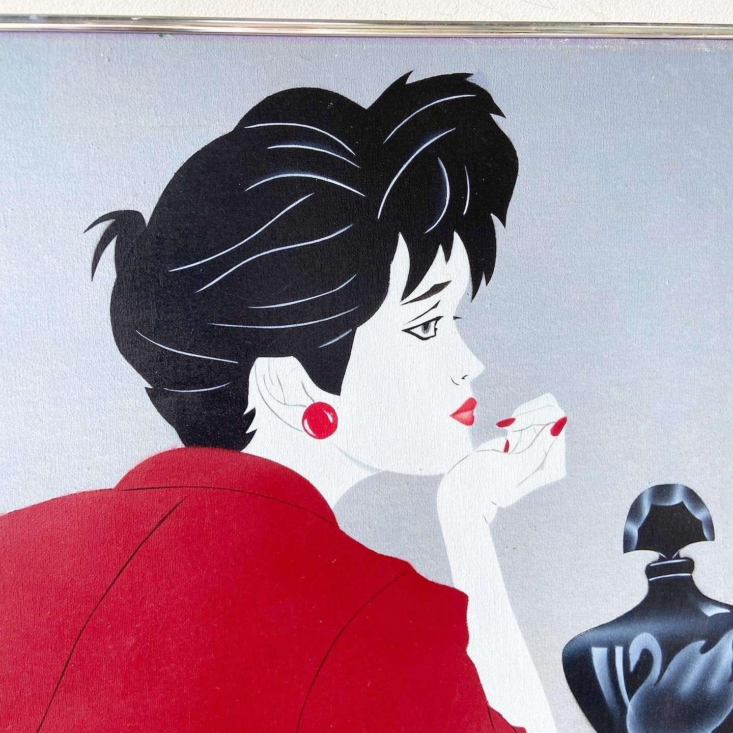 Add a splash of Art Deco glamour to your space with our Oil Painting Reproduction of “Suzanne” by Robert Blue, Nagel Style. This exceptional vintage 1980s piece recreates the iconic aesthetic of Patrick Nagel with a twist. The painting depicts a