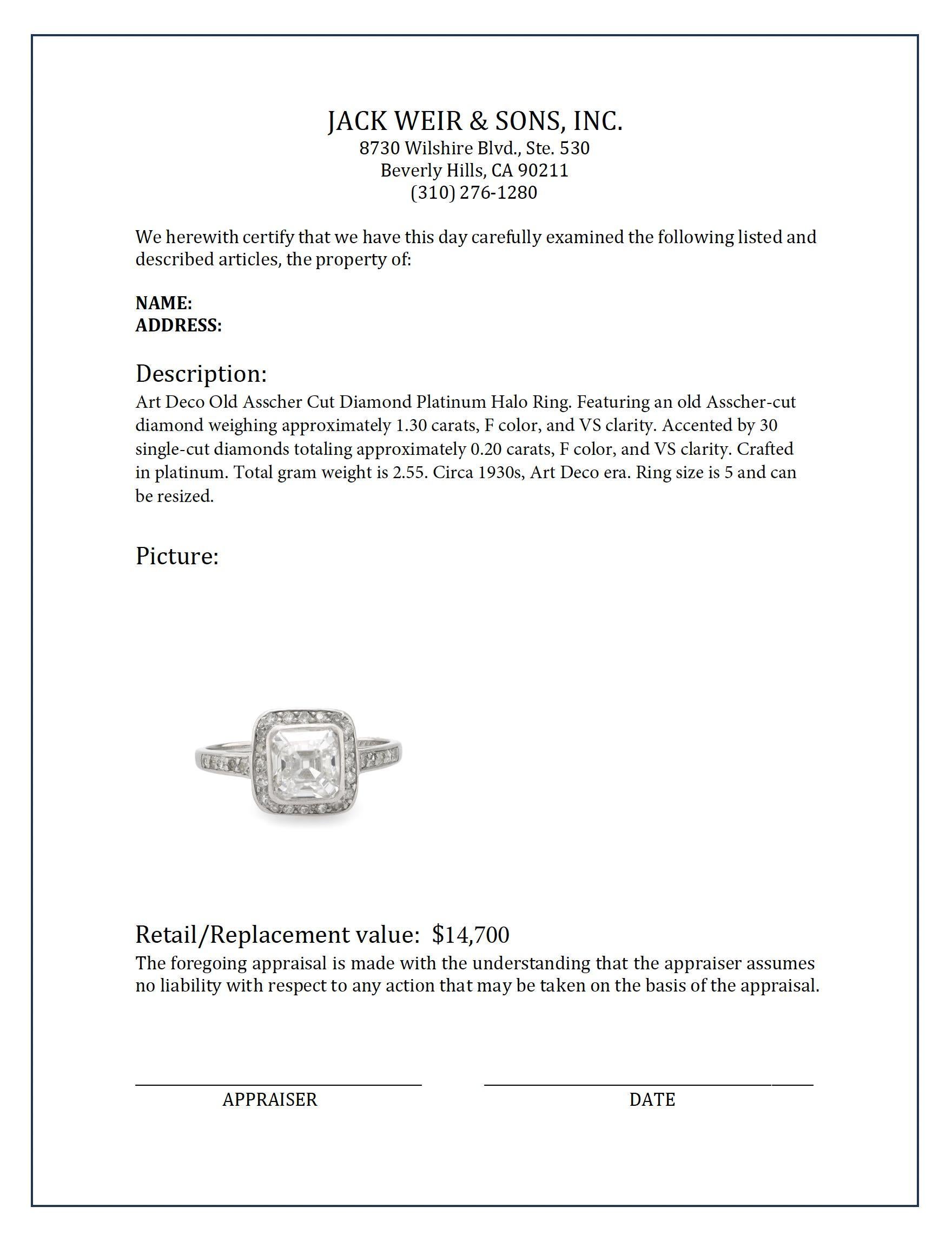 Art Deco alter Asscher-Schliff Diamant Platin Halo Ring für Damen oder Herren