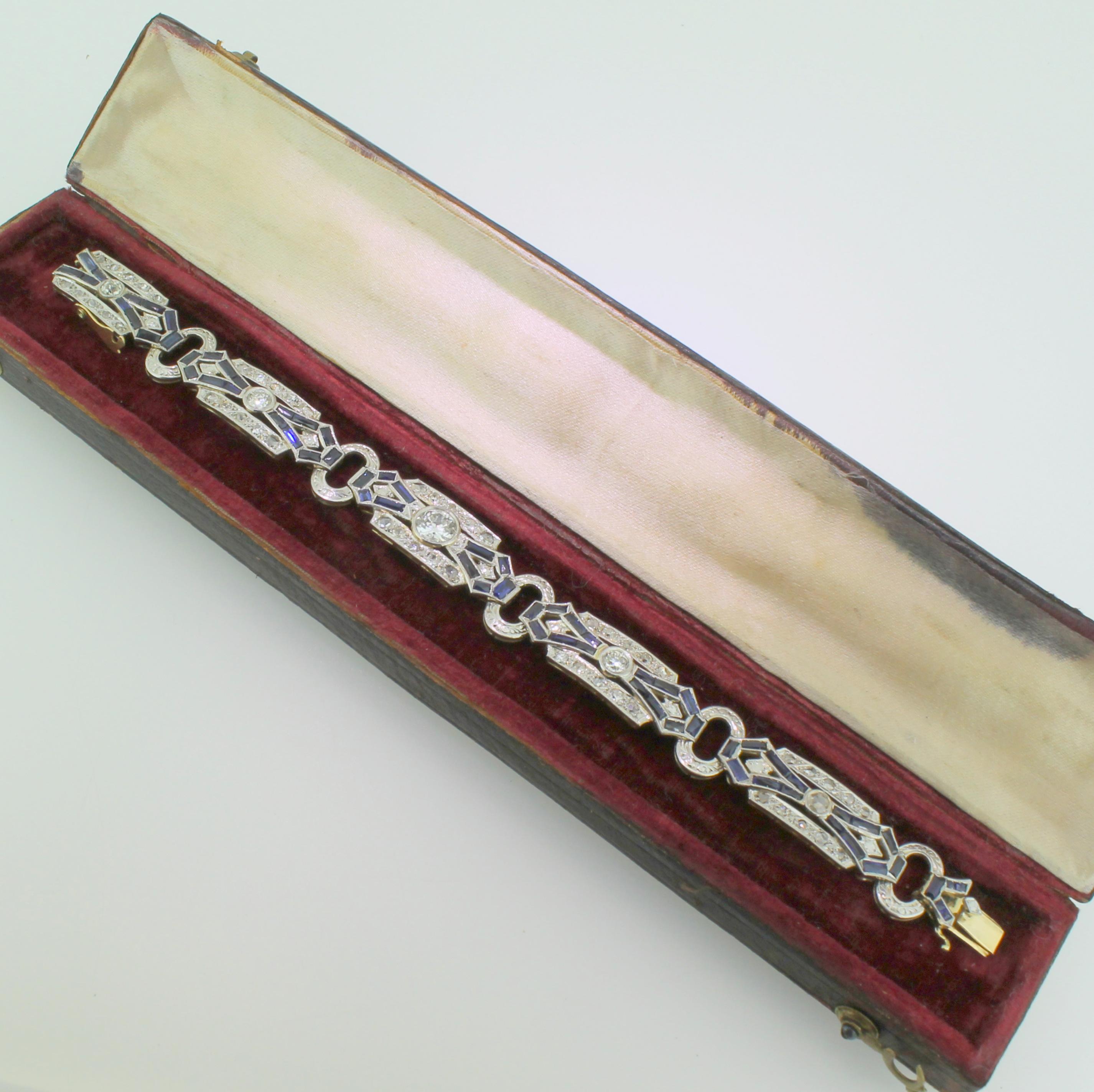 Art Deco Old Cut Diamond and Baguette Cut Sapphire Bracelet In Fair Condition For Sale In Essex, GB
