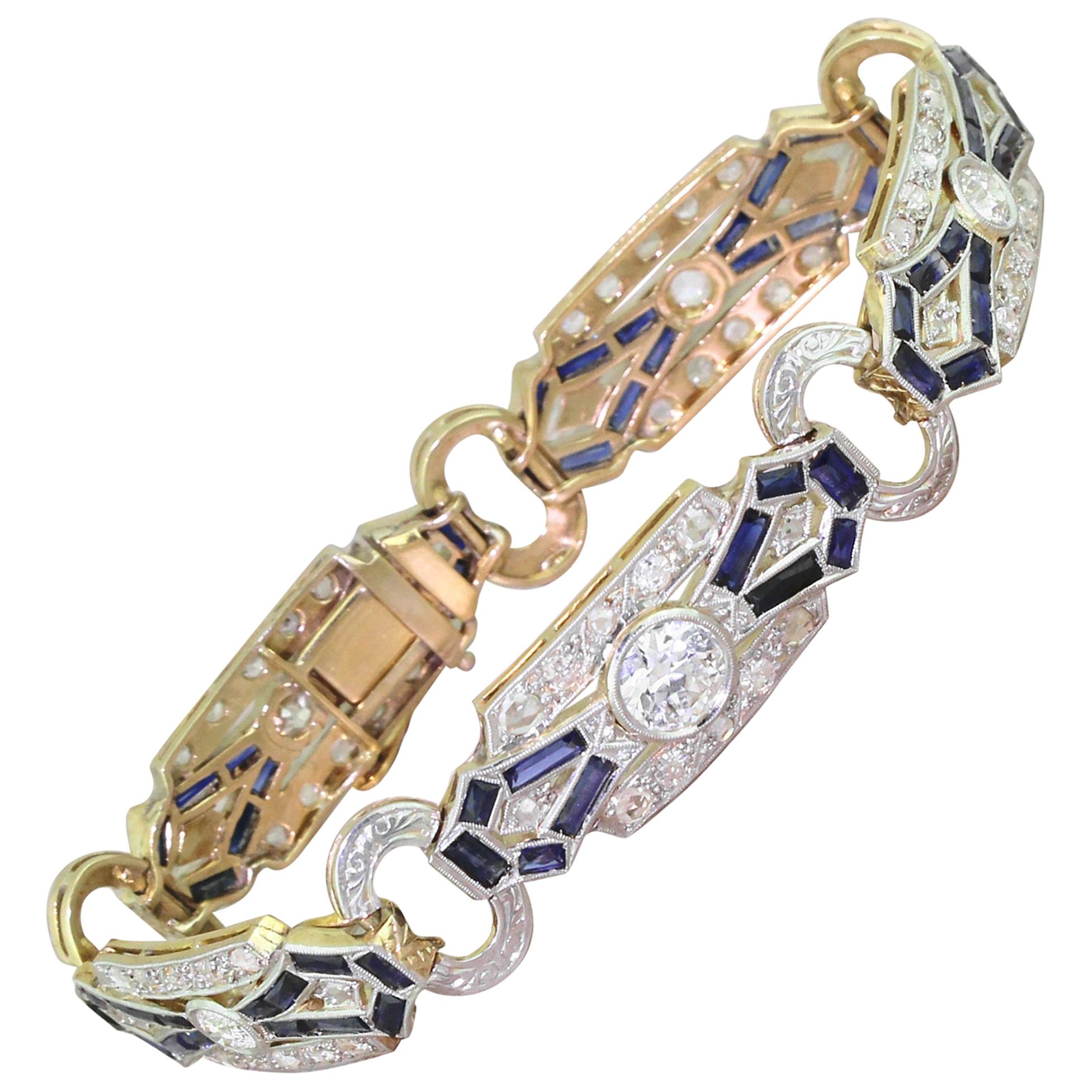 Art Deco Old Cut Diamond and Baguette Cut Sapphire Bracelet For Sale