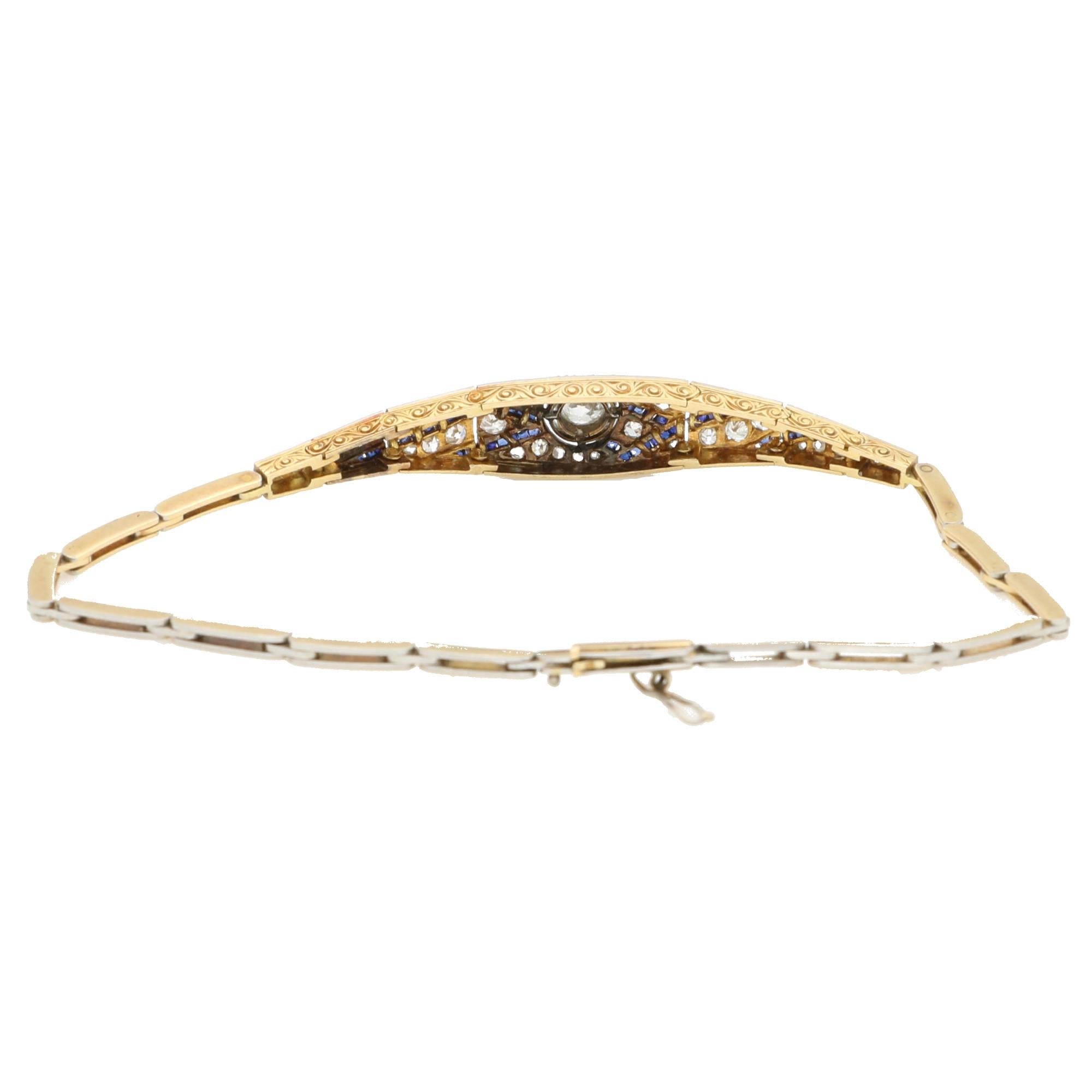 Old European Cut Art Deco Old Cut Diamond and Blue Sapphire Panel Bracelet in Gold and Platinum For Sale