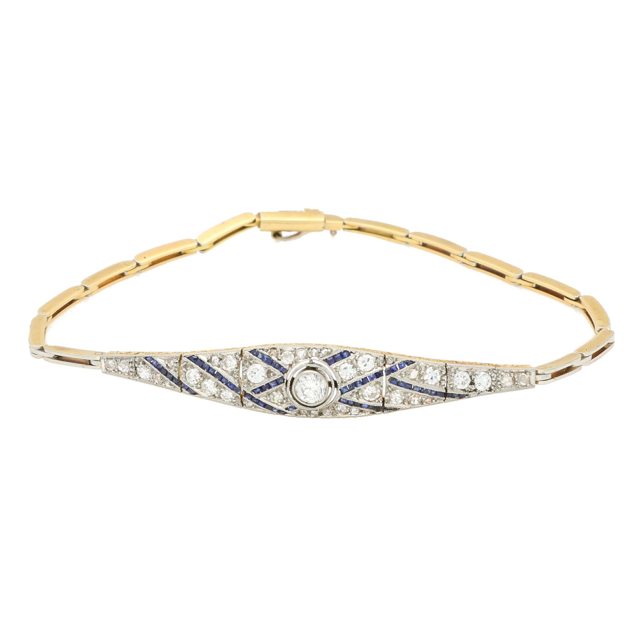 Art Deco Old Cut Diamond and Blue Sapphire Panel Bracelet in Gold and Platinum For Sale 1