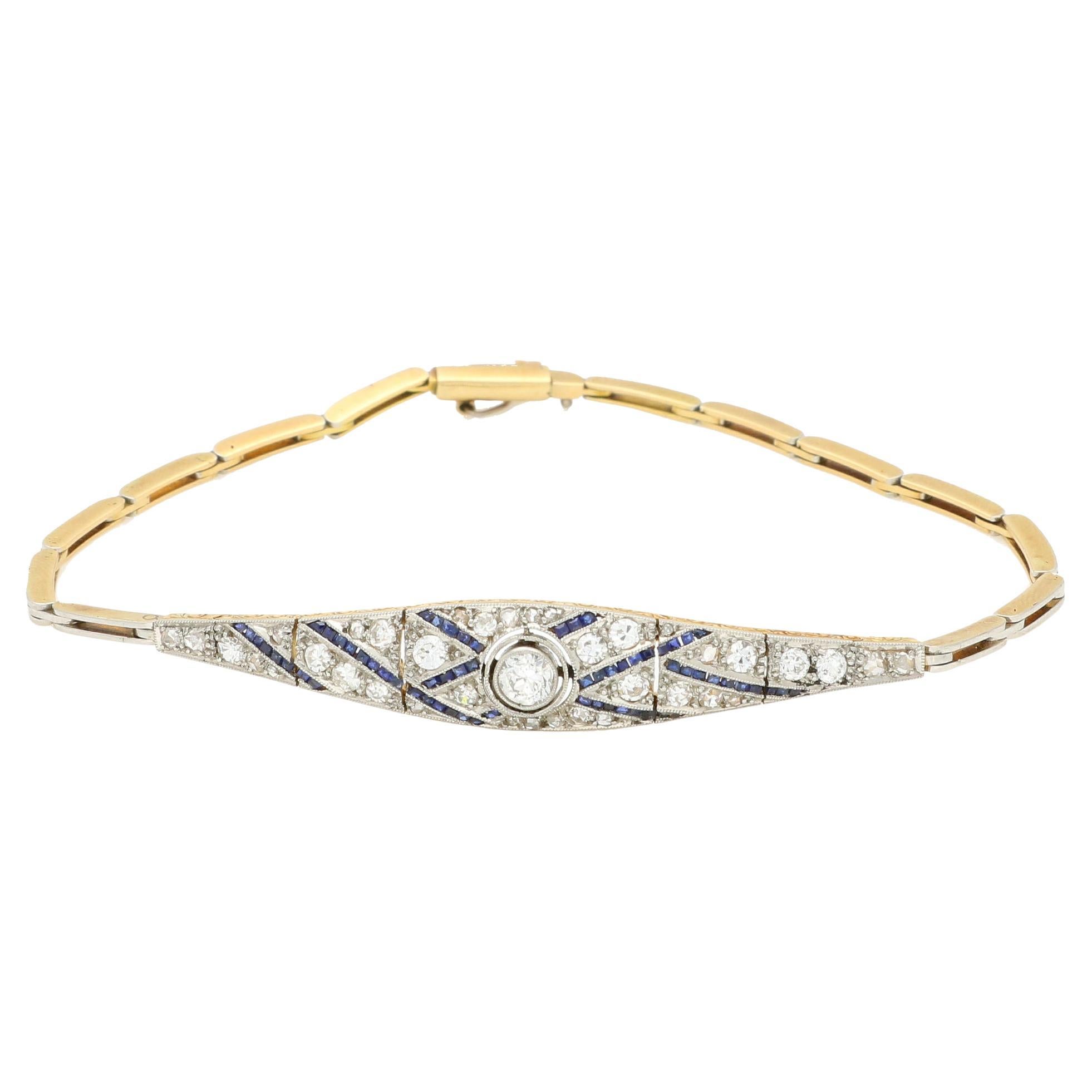 Art Deco Old Cut Diamond and Blue Sapphire Panel Bracelet in Gold and Platinum