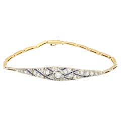 Art Deco Old Cut Diamond and Blue Sapphire Panel Bracelet in Gold and Platinum