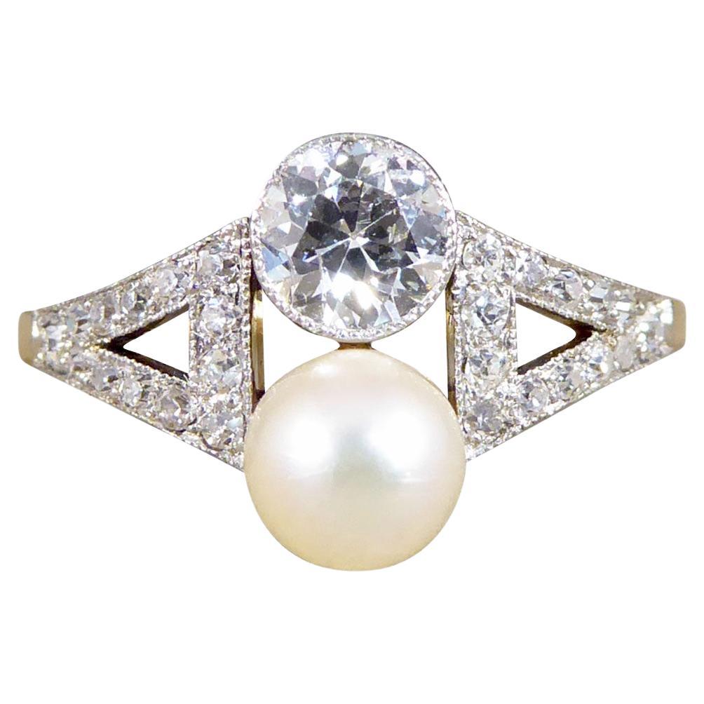 Art Deco Old Cut Diamond and Natural Pearl Two Stone Ring in 18ct Gold and Plat