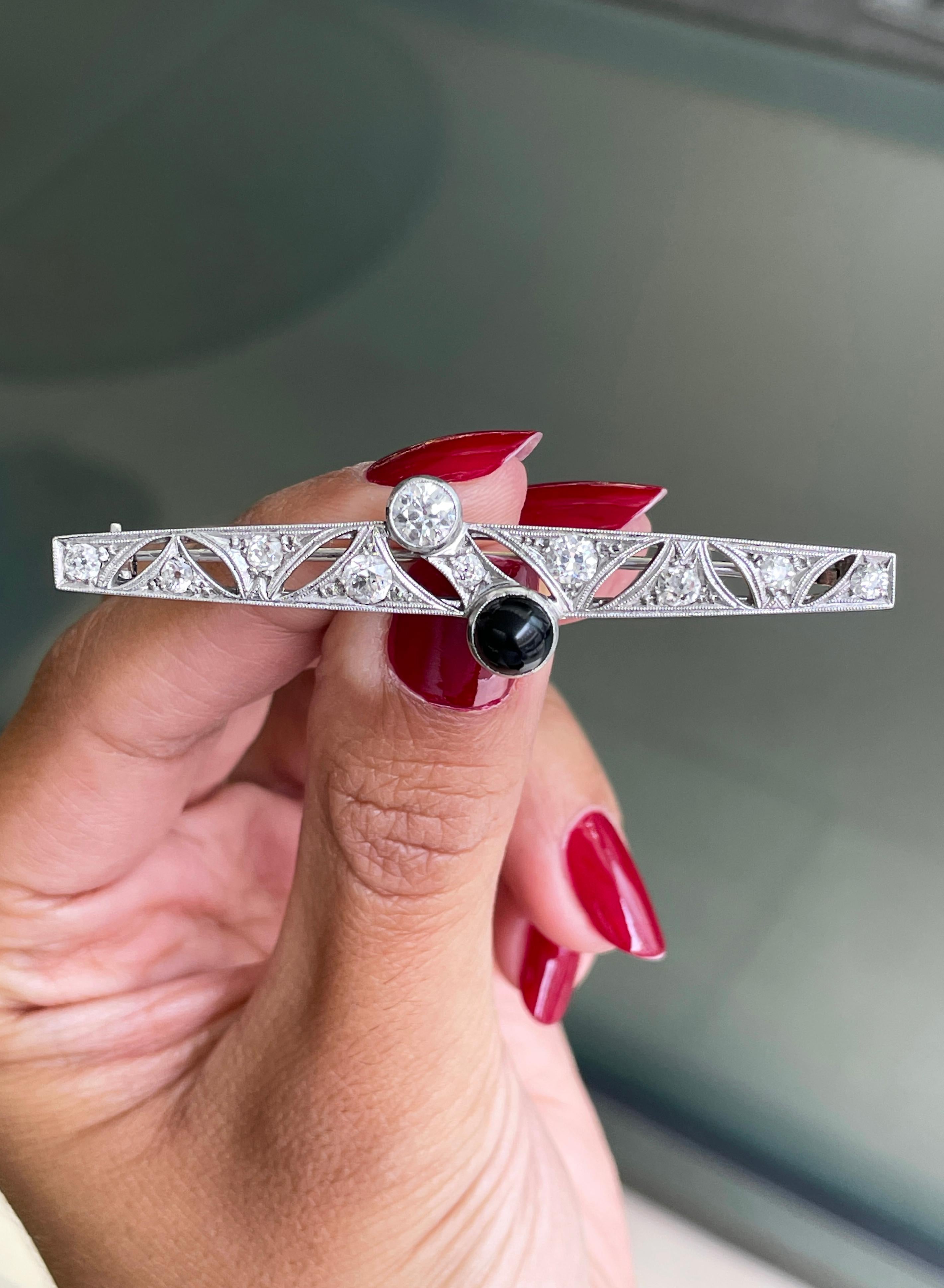 Art Deco Old Cut Diamond and Onyx Platinum Brooch, Circa 1920's In Good Condition For Sale In London, GB