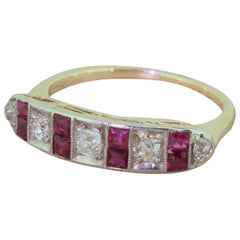 Antique Art Deco Old Cut Diamond and Ruby Half Hoop Ring