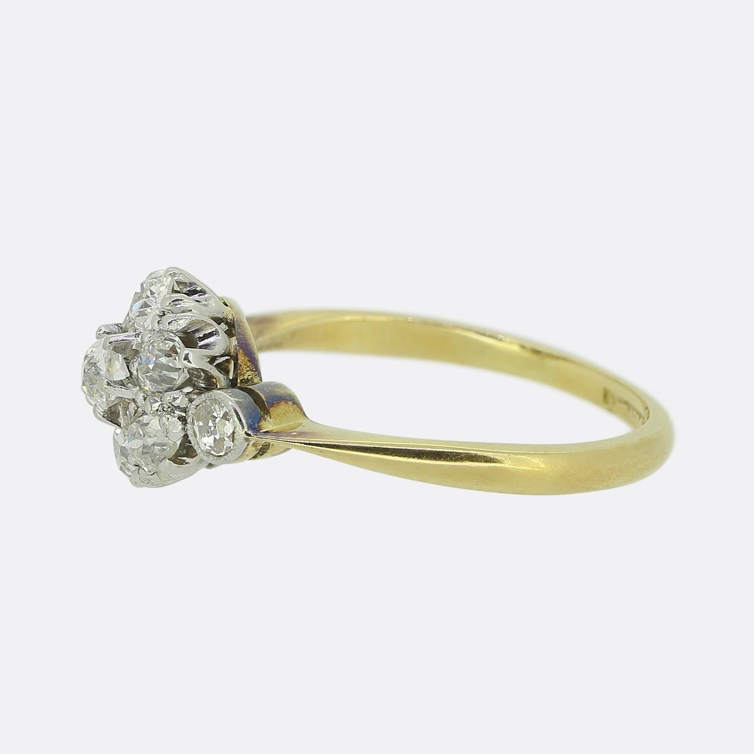 Here we have a beautiful diamond cluster ring that dates back to the Art Deco era. The ring is crafted in 18ct yellow gold and the diamonds are set in platinum to emphasise their lovely sparkle. 

Condition: Used (Very Good)
Weight: 2.9 grams
Ring