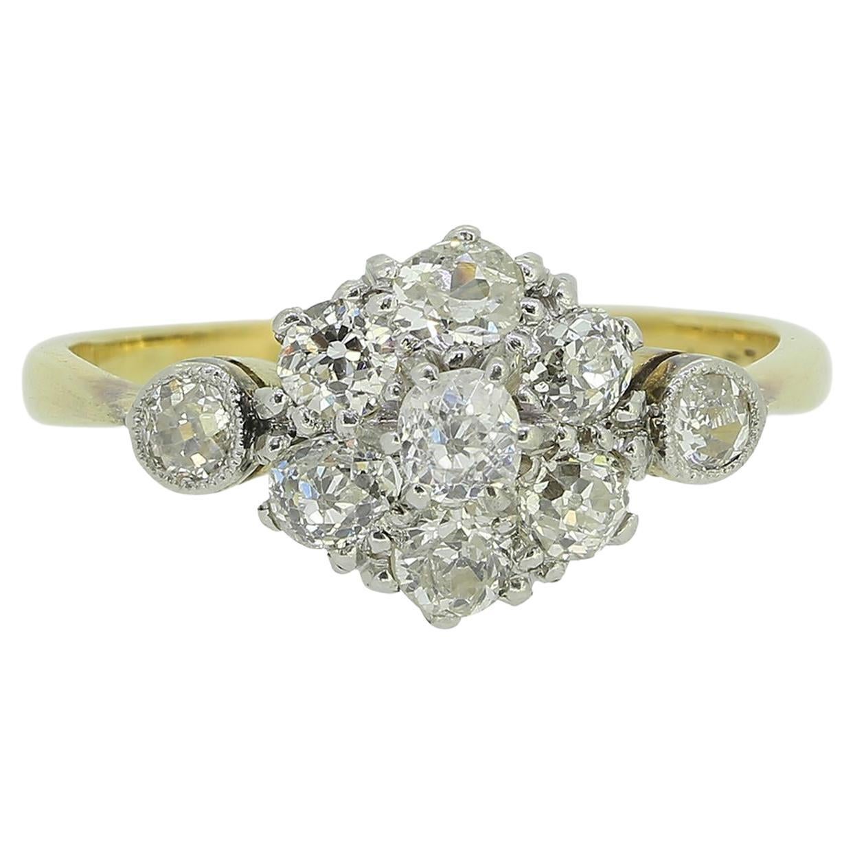 Art Deco Old Cut Diamond Cluster Ring For Sale
