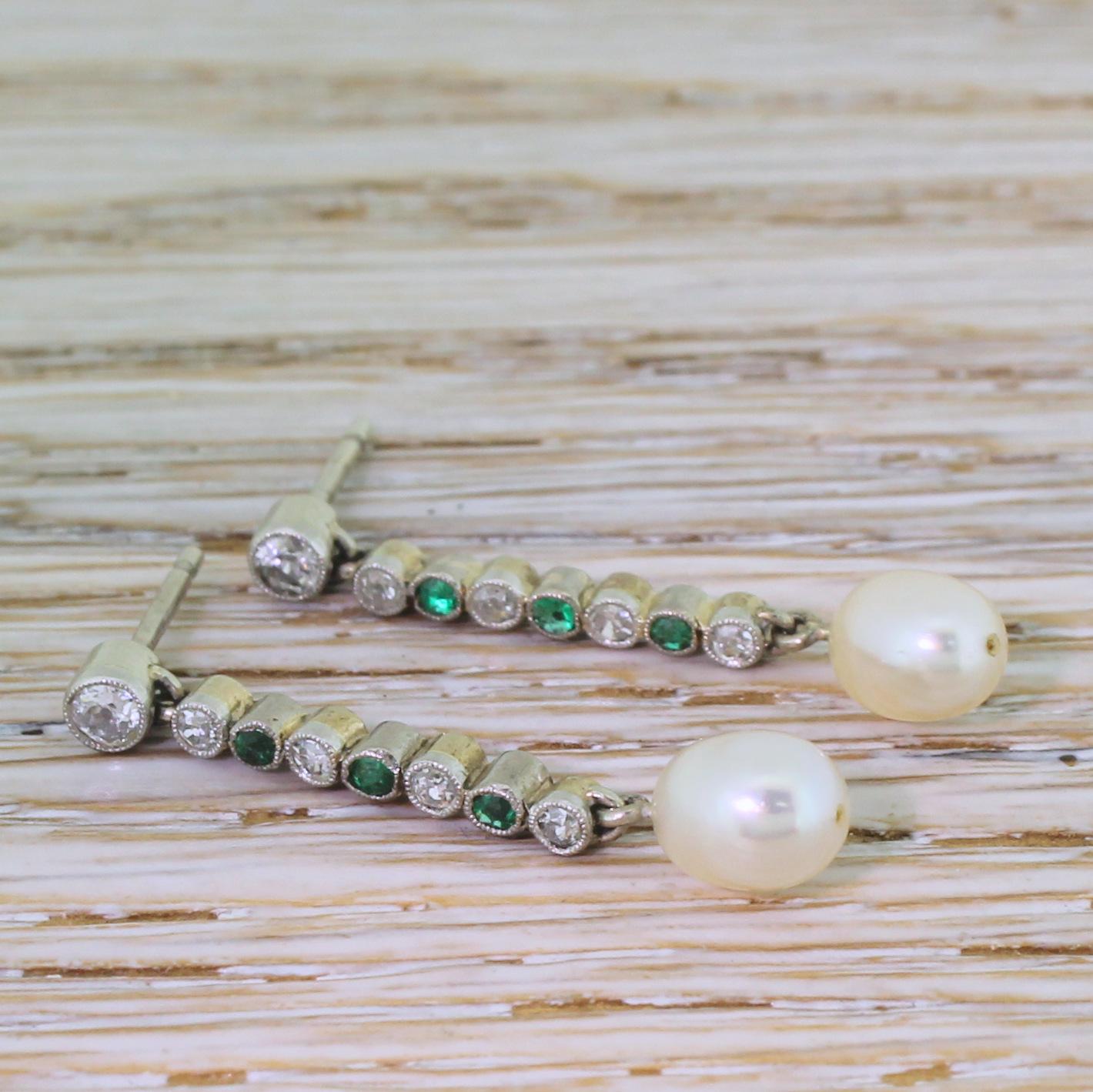 Art Deco Old Cut Diamond, Emerald and Pearl Drop Earrings In Excellent Condition In Essex, GB