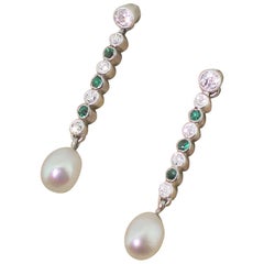 Art Deco Old Cut Diamond, Emerald and Pearl Drop Earrings