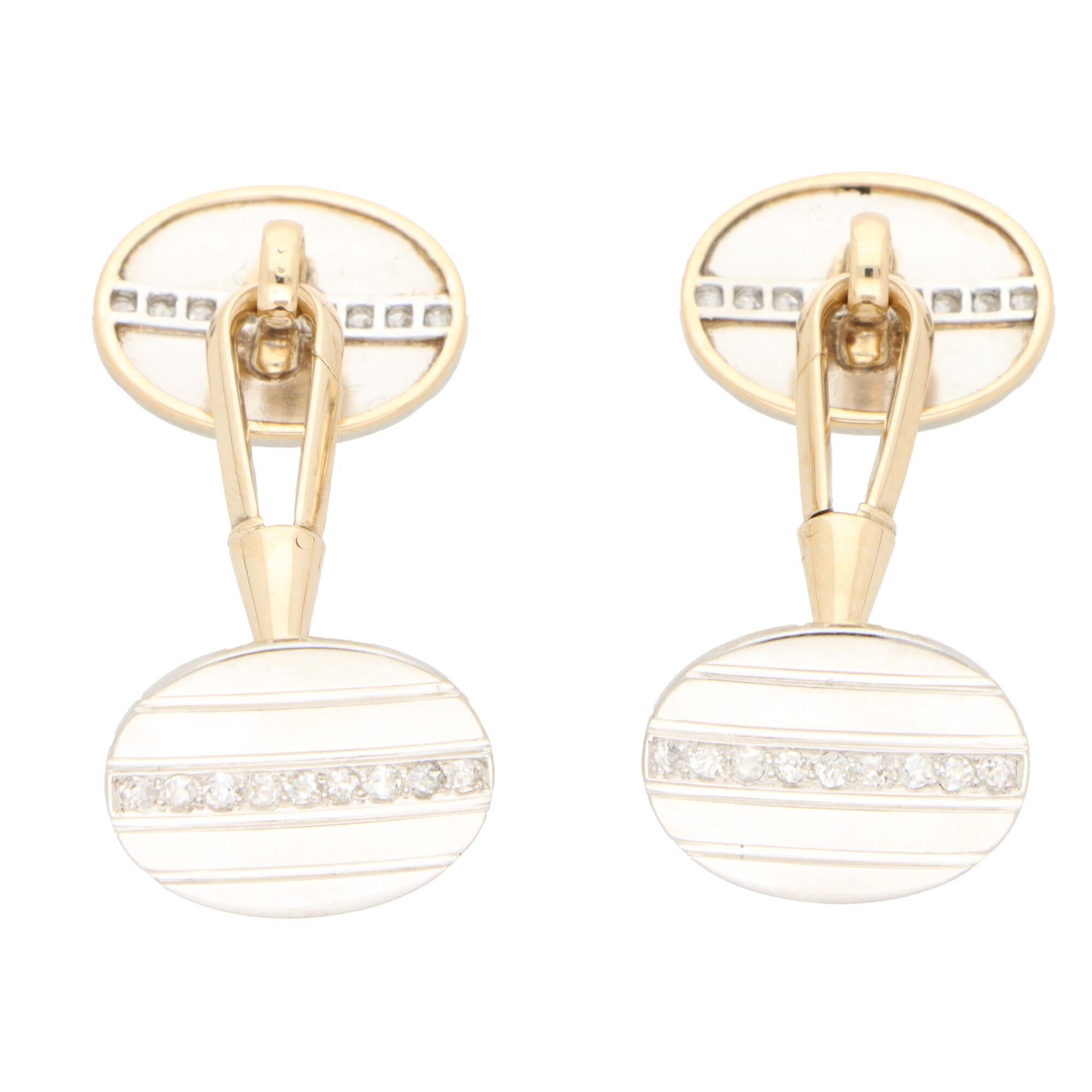 Women's or Men's Art Deco Old Cut Diamond Oval Cufflinks Set in Platinum and Yellow Gold For Sale