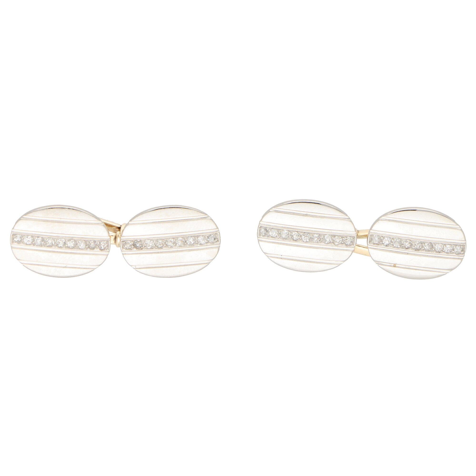 Art Deco Old Cut Diamond Oval Cufflinks Set in Platinum and Yellow Gold For Sale