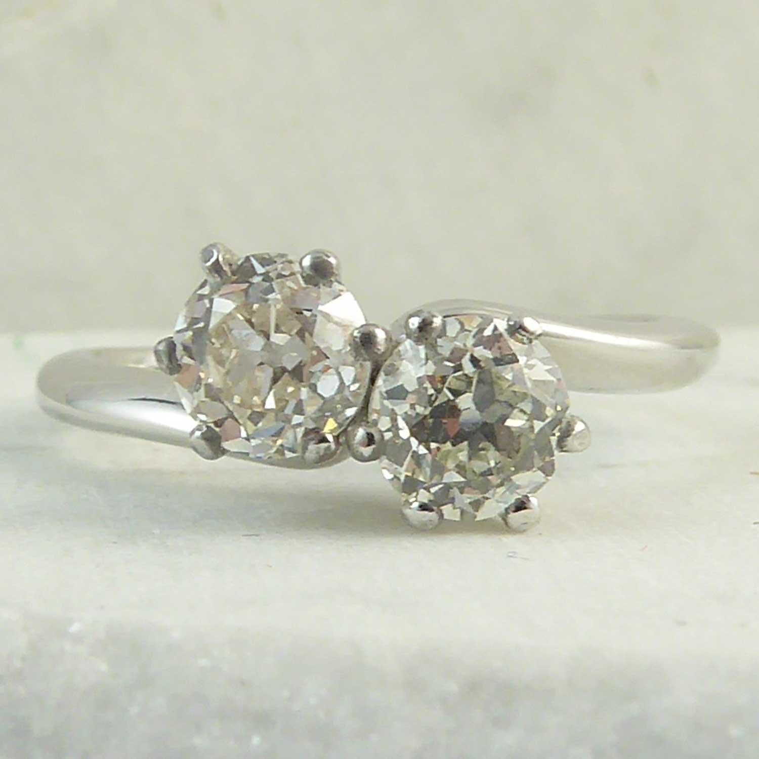 Women's Art Deco Old Cut Diamond Ring, 1.58 Carat, Two-Stone Twist, Platinum