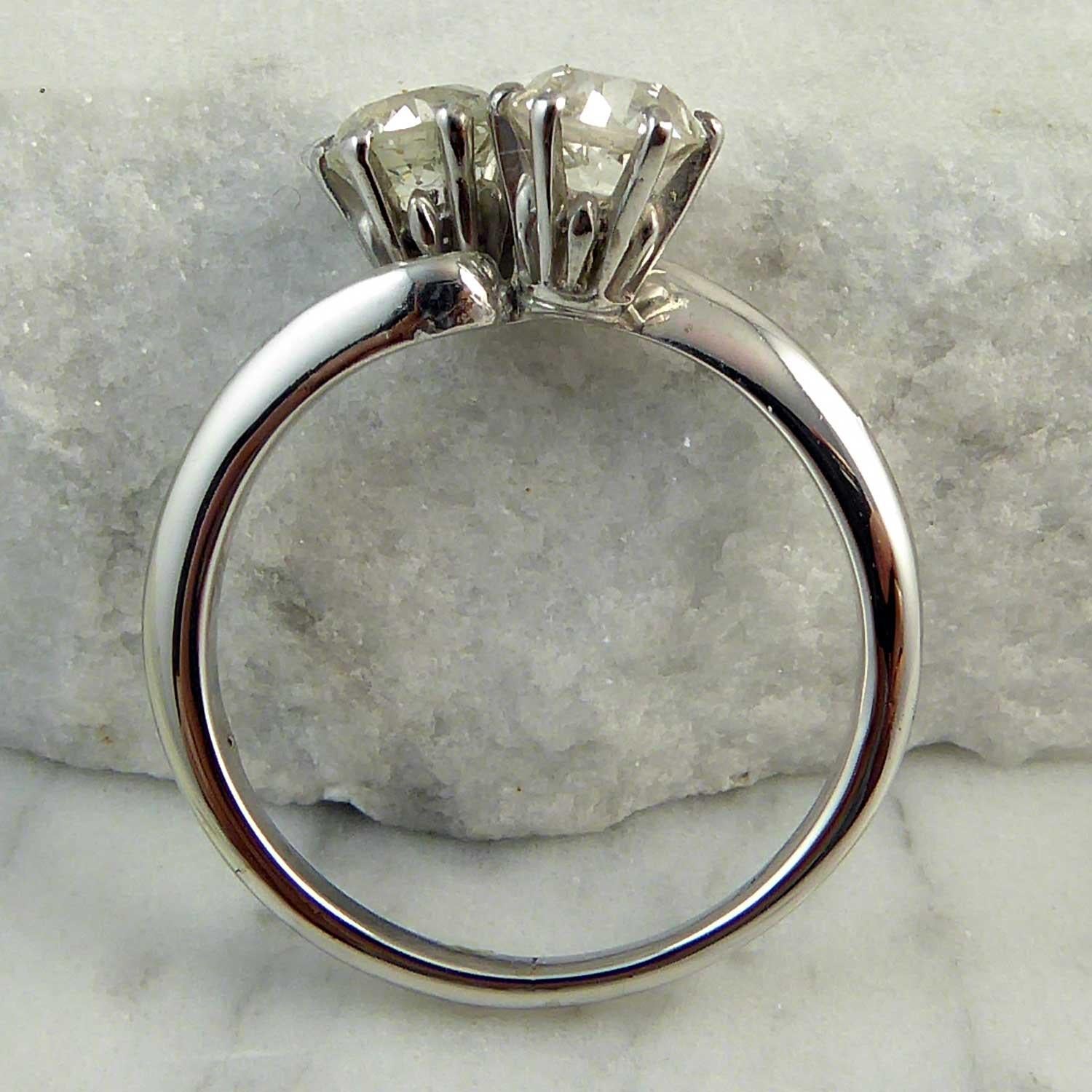 Art Deco Old Cut Diamond Ring, 1.58 Carat, Two-Stone Twist, Platinum 1