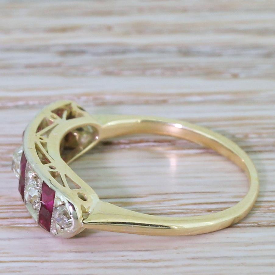 Art Deco Old Cut Diamond and Ruby Half Hoop Ring In Good Condition In Essex, GB