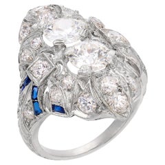 Art Deco old cut diamond sapphire navette platinum ring
