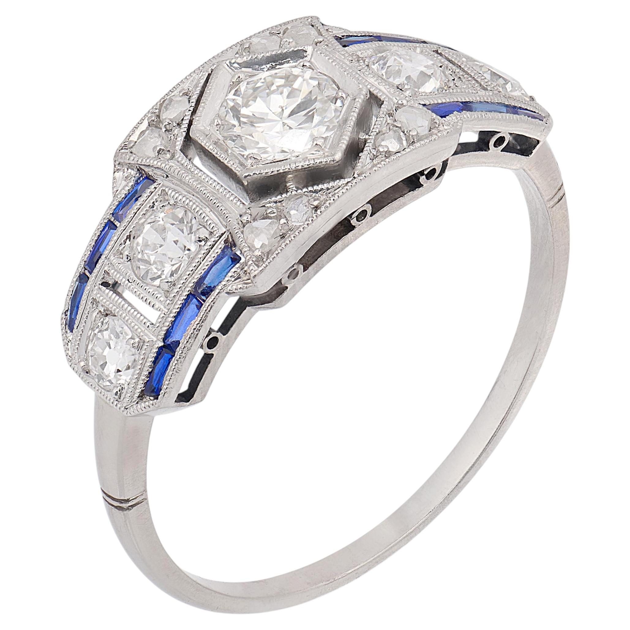Art Deco old cut diamond sapphire platinum dinner ring For Sale